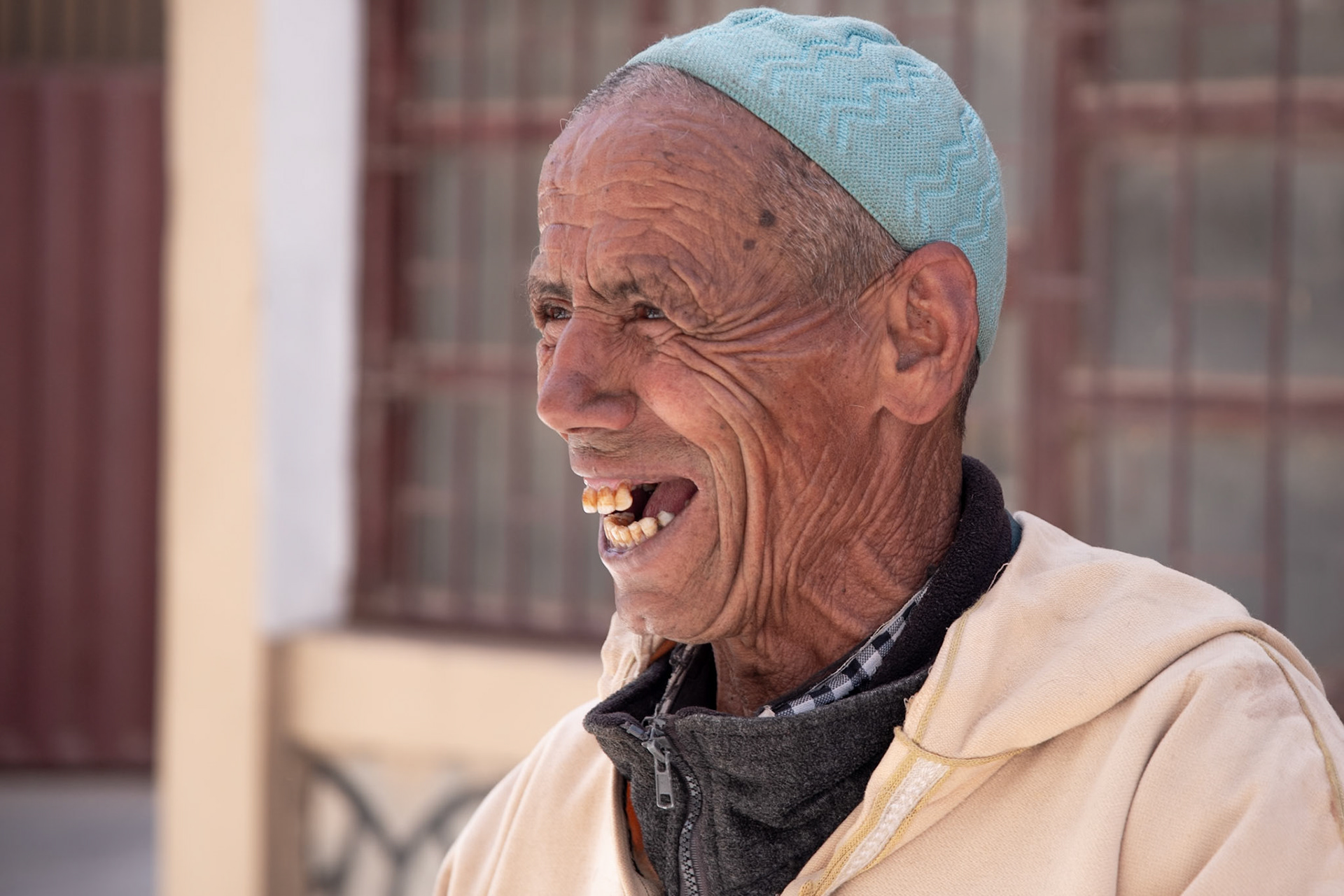 A man happy to have his photo taken near the tannery in Taroudant