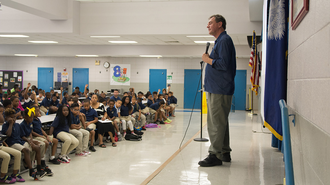 Tim loves interacting with elementary students about storytelling and creativity.