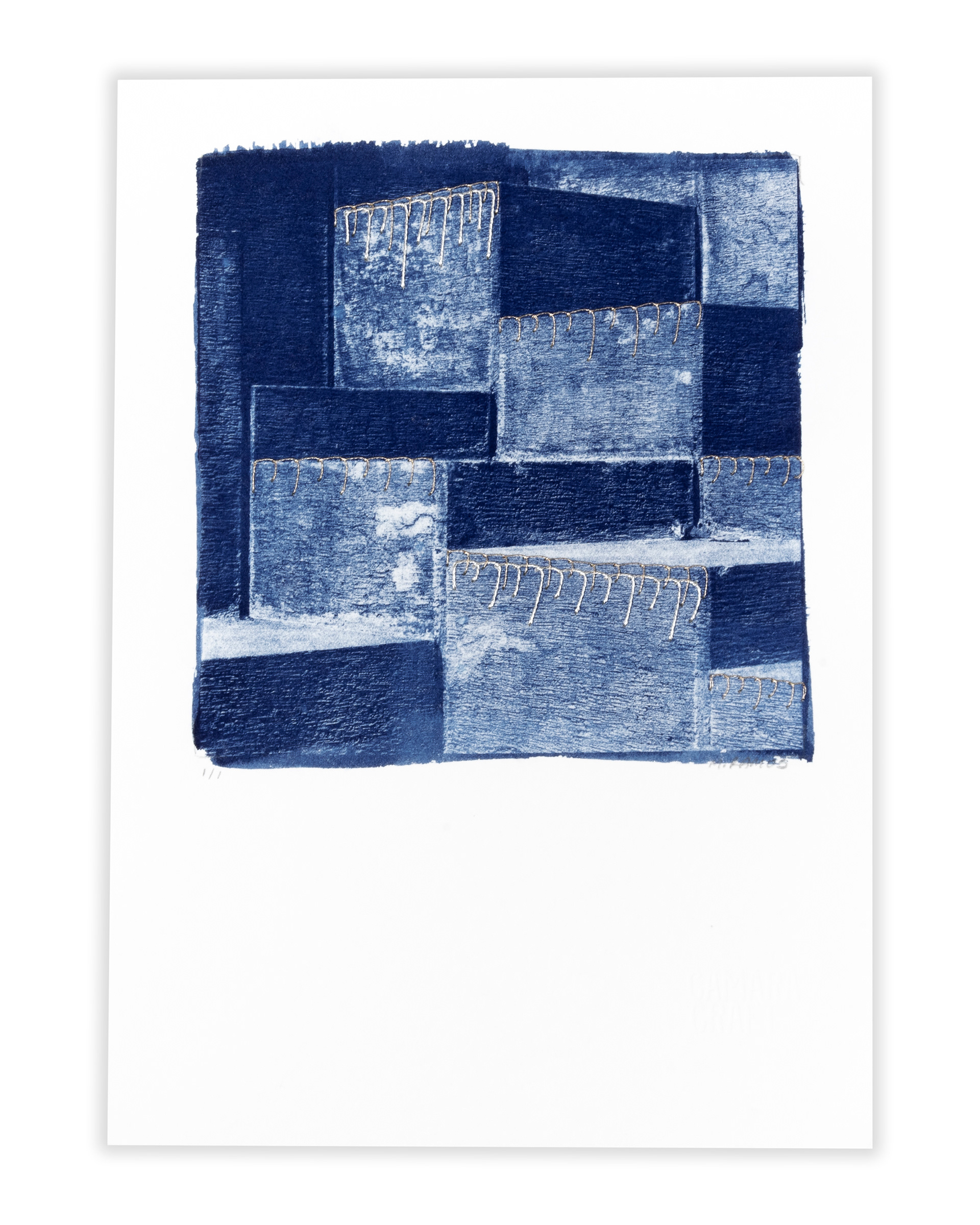 Escurrimiento. Cianotipia sobre papel y bordado.