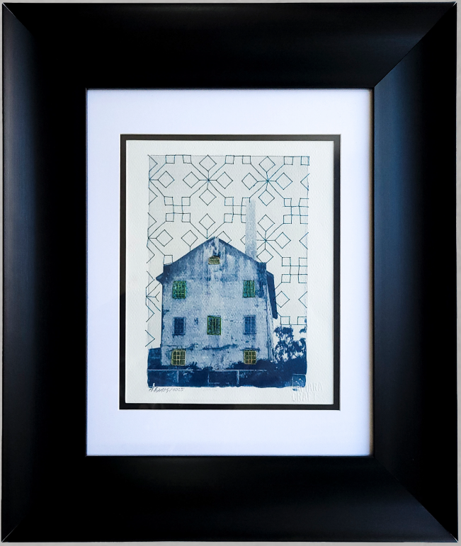 Hogar. Cianotipia sobre papel algodón, bordado blackwork y acuarela.