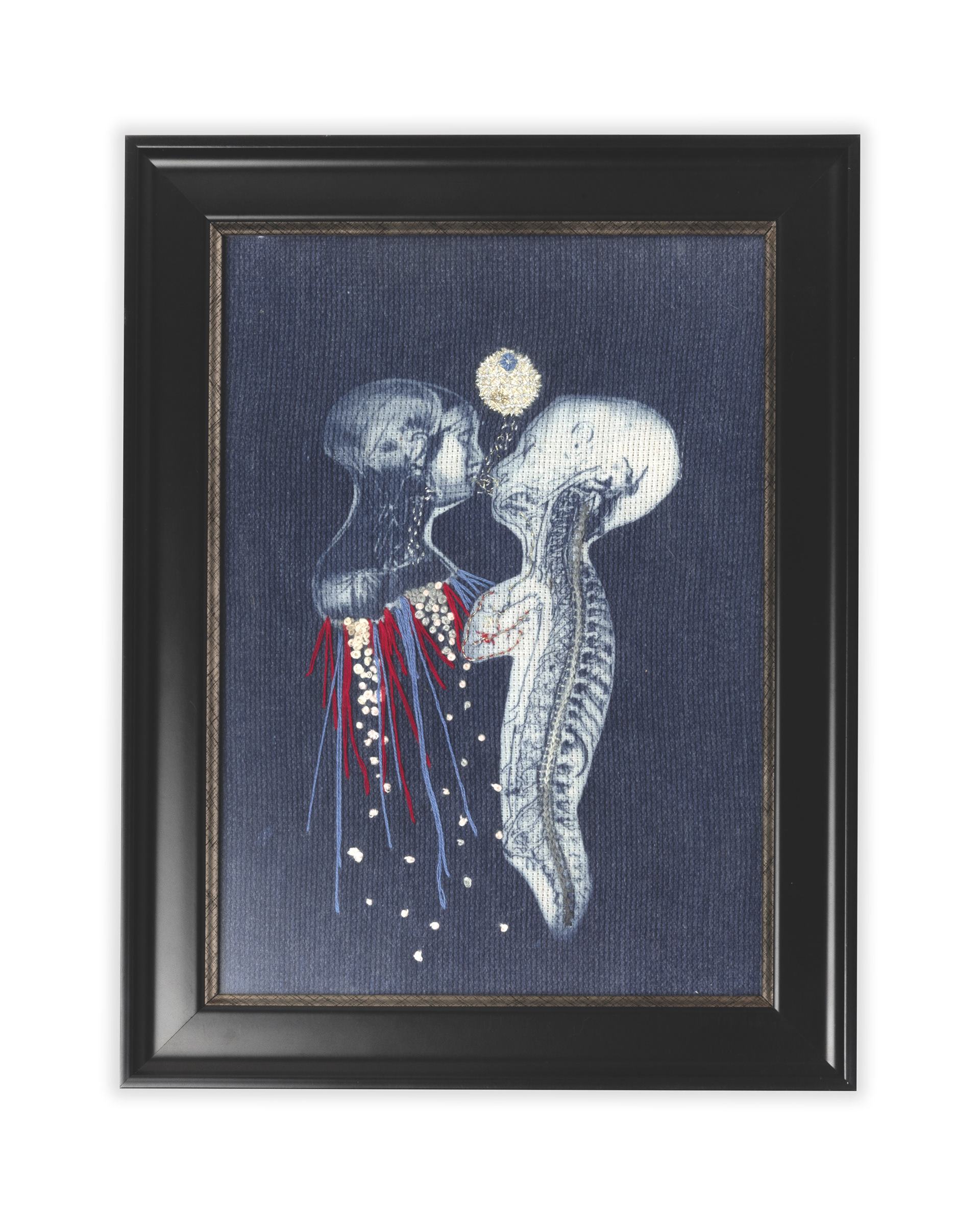 El origen de la vida. Cianotipia sobre tela y bordado.