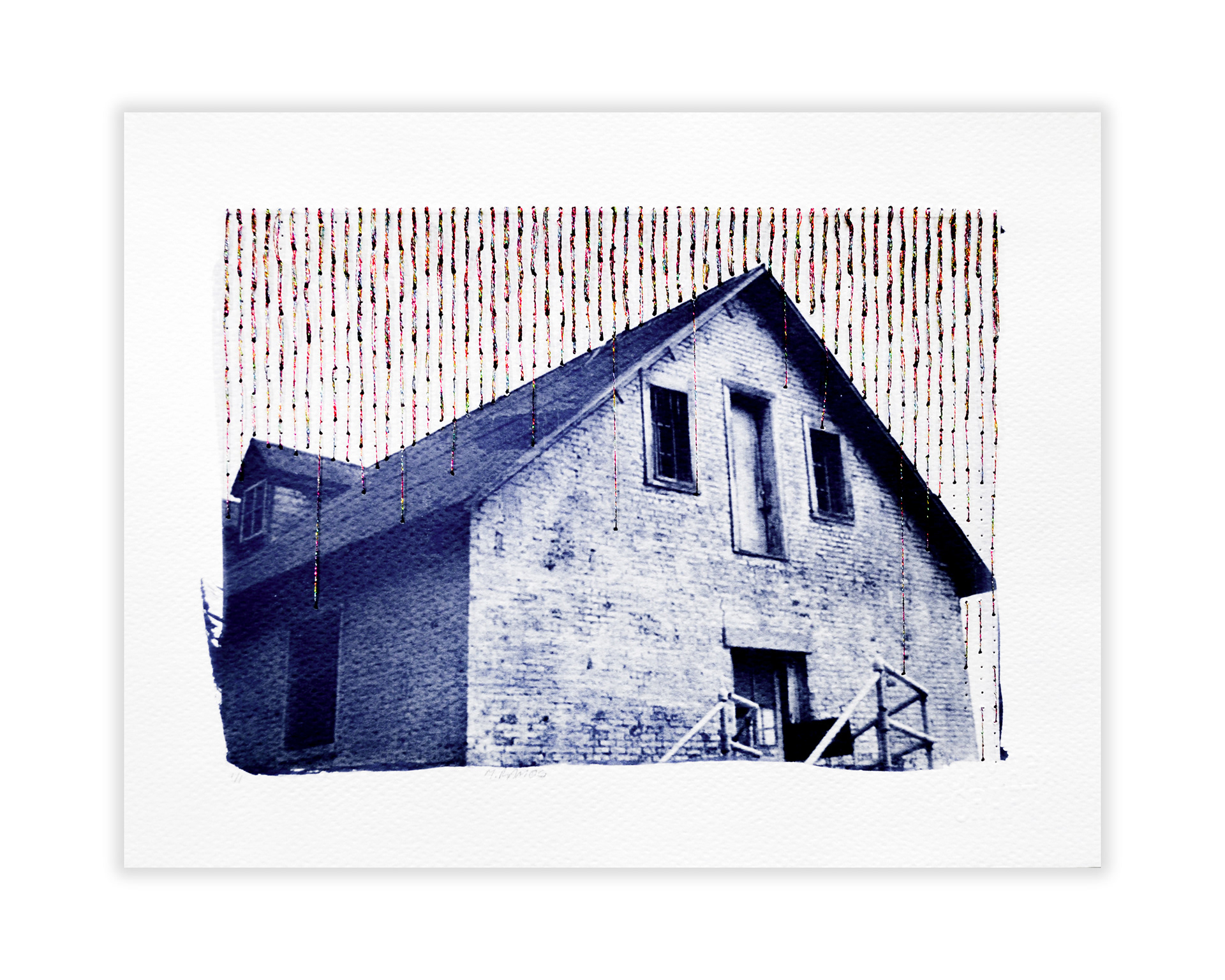 Lluvia. Cianotipia sobre papel con hilo metálico.