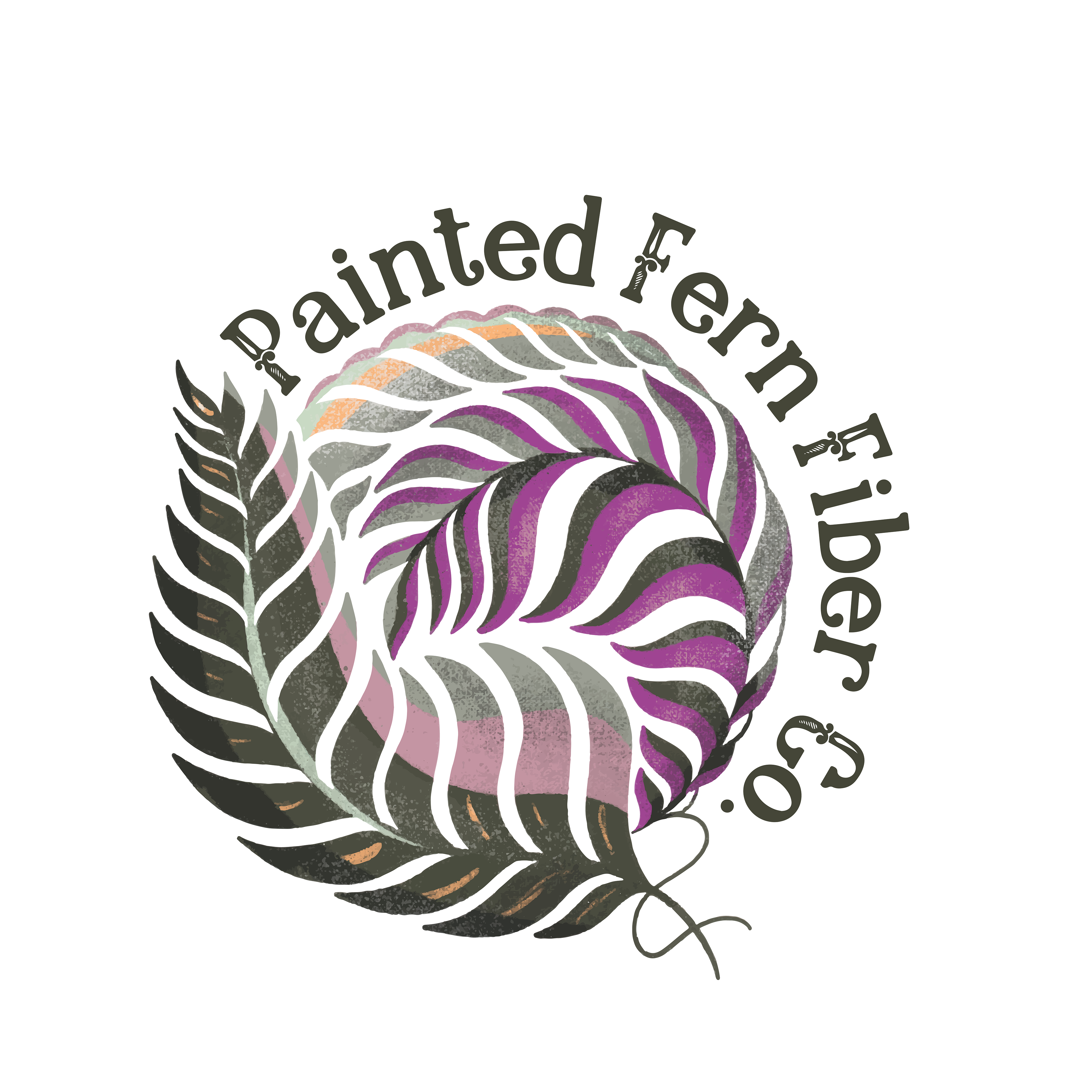 This is the Painted Fern Fiber Co. logo. It includes this title wrapped around green and purple ferns in the shape of a ball of yarn.