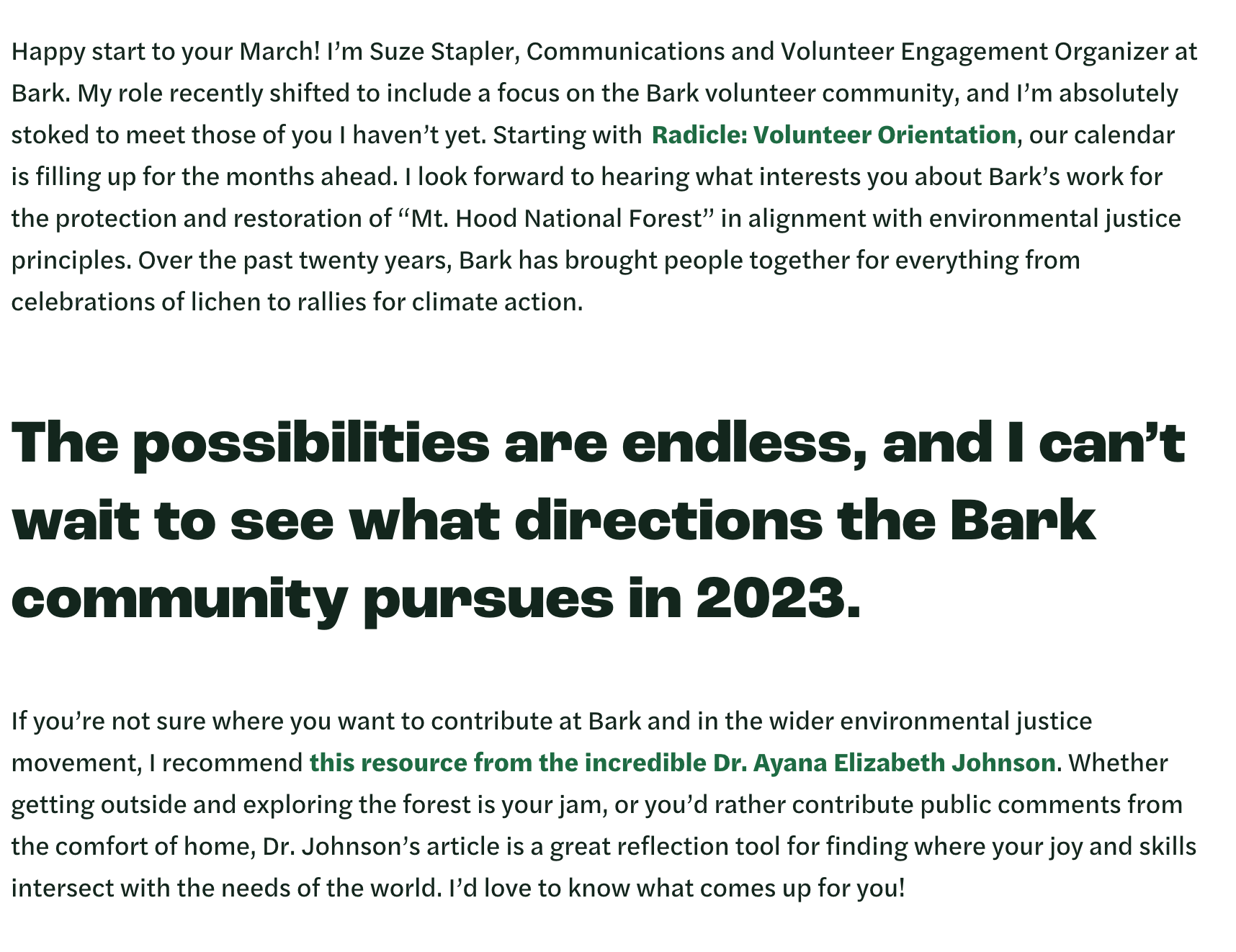 Spring Event Email with Bark for Mt. Hood. Link: https://bark-out.org/news/bark-alert-spring-is-almost-here-and-so-are-volunteer-events/