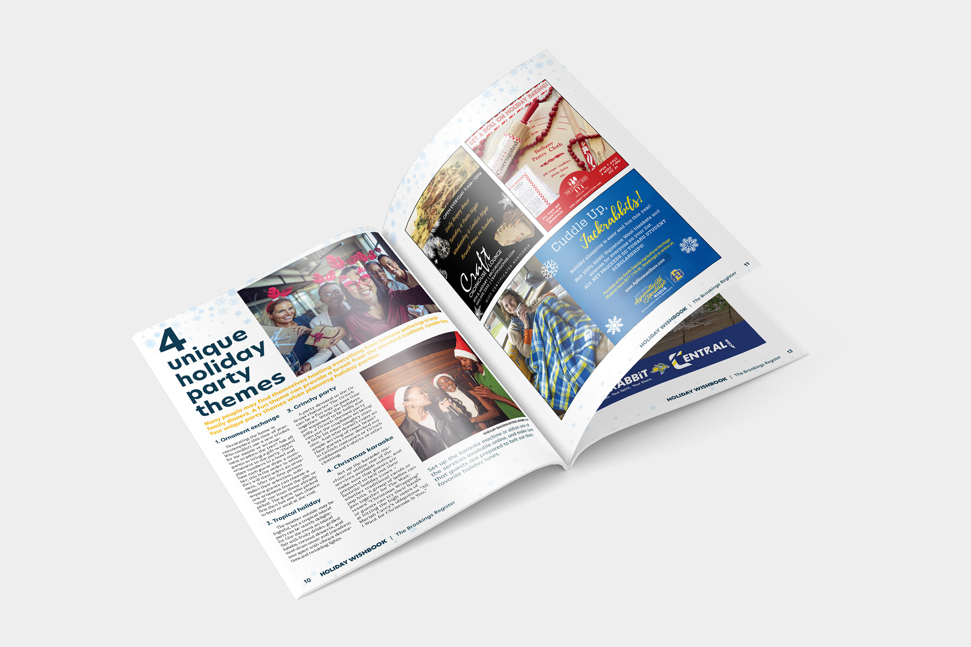 Structured headlines, image groupings, and color accents