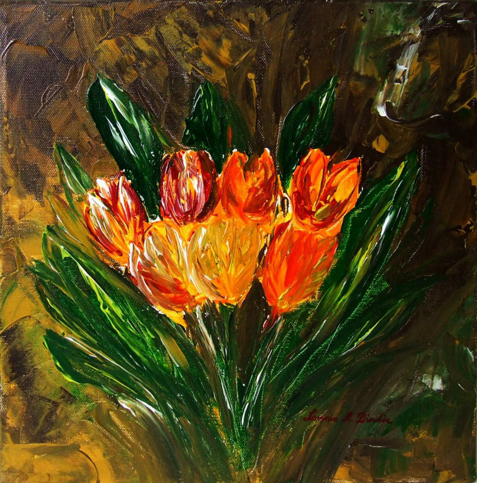 Tulips · Lavinia Bindiu · Acrylic on Canvas · 30″×30″ · $2,200 (Sold · Fine Art Print Available)