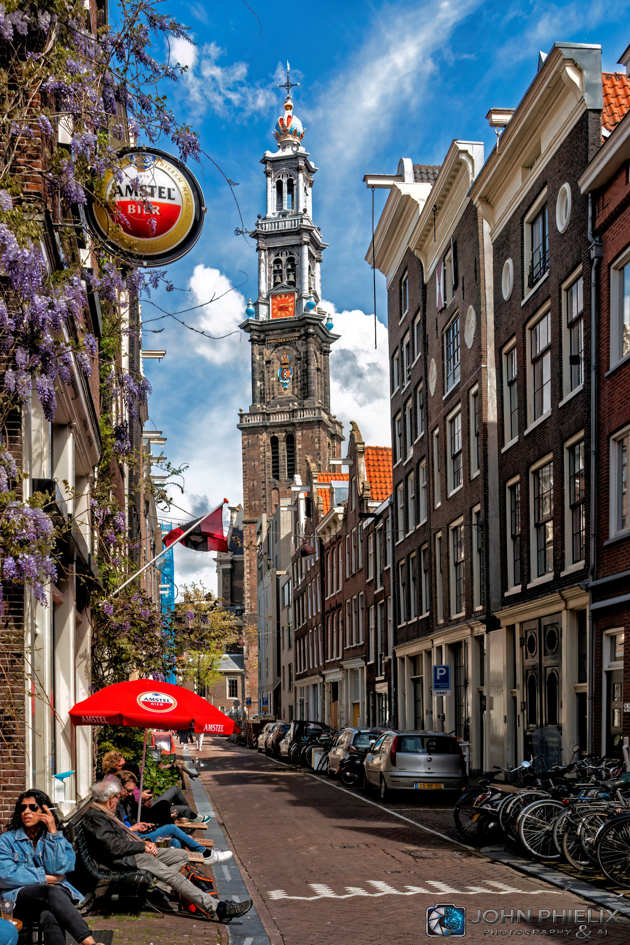 Jordaan neighborhood of Amsterdam, featuring the iconic Westertoren (the bell tower of the Westerkerk)