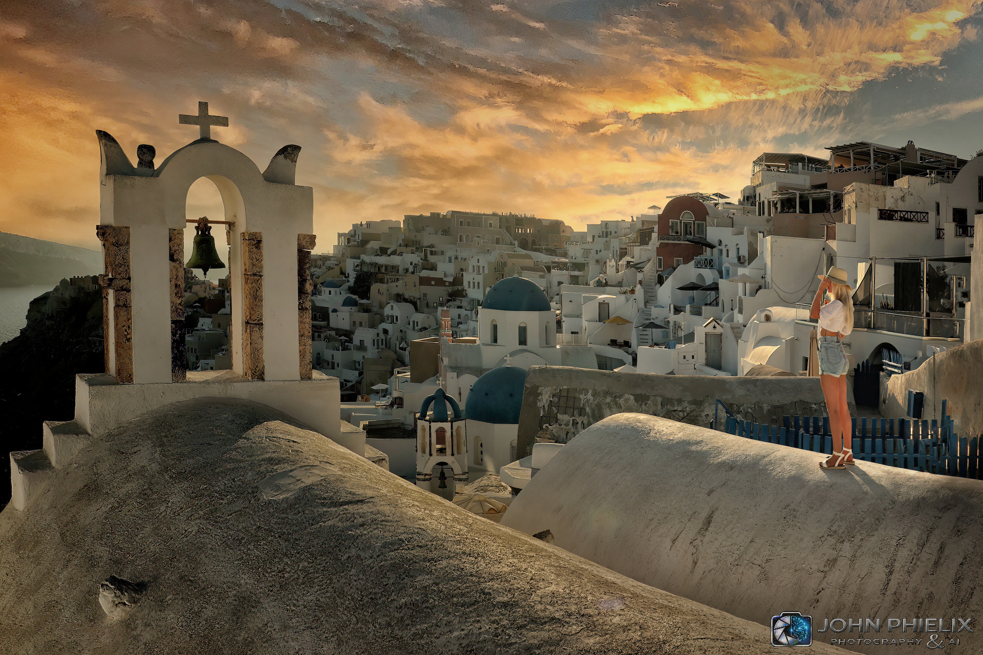 Stunning sunset over the cliffside village of Oia on the island of Santorini, Greece