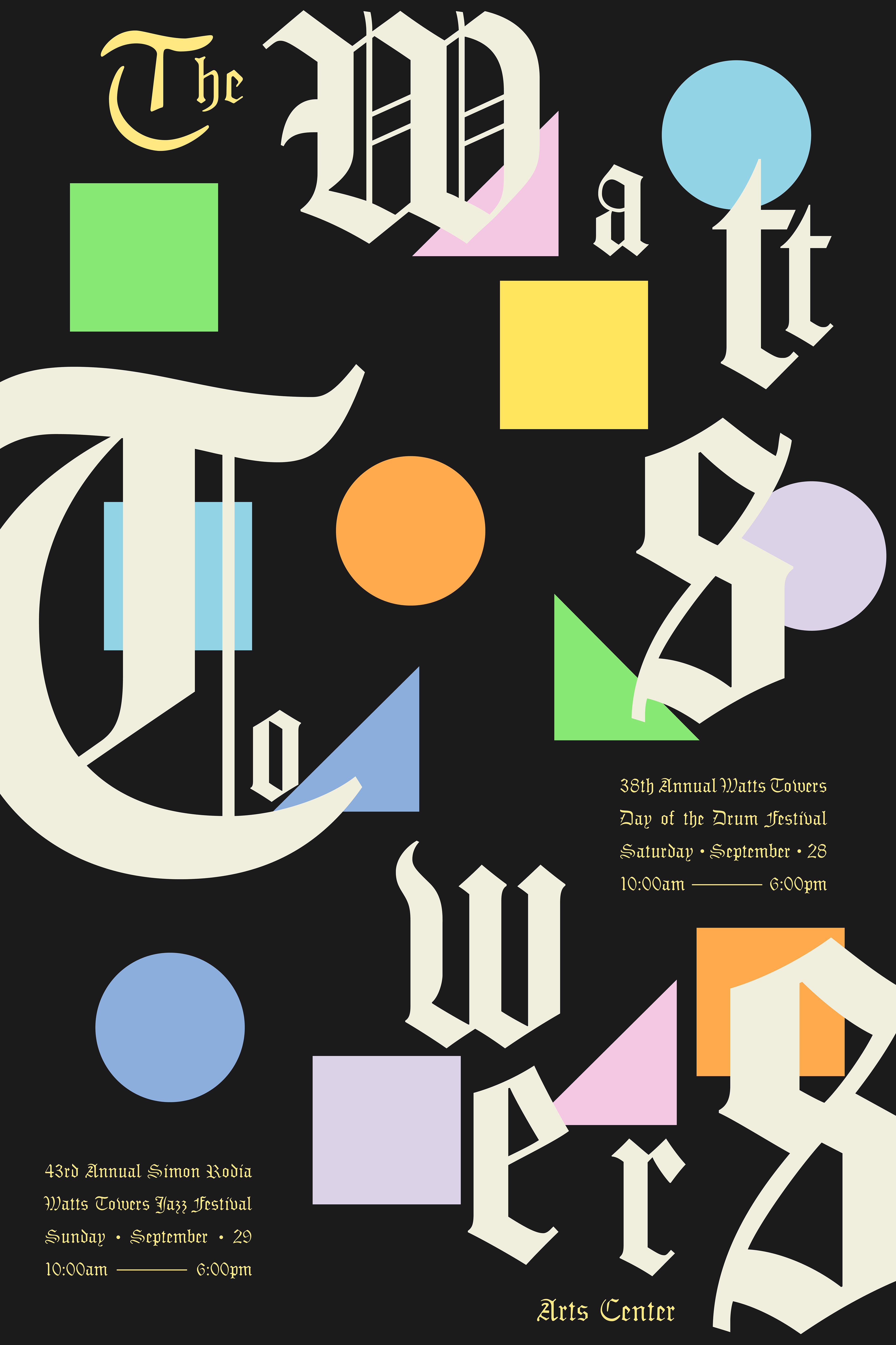 mock up of a potential poster design for The Watts Towers Center