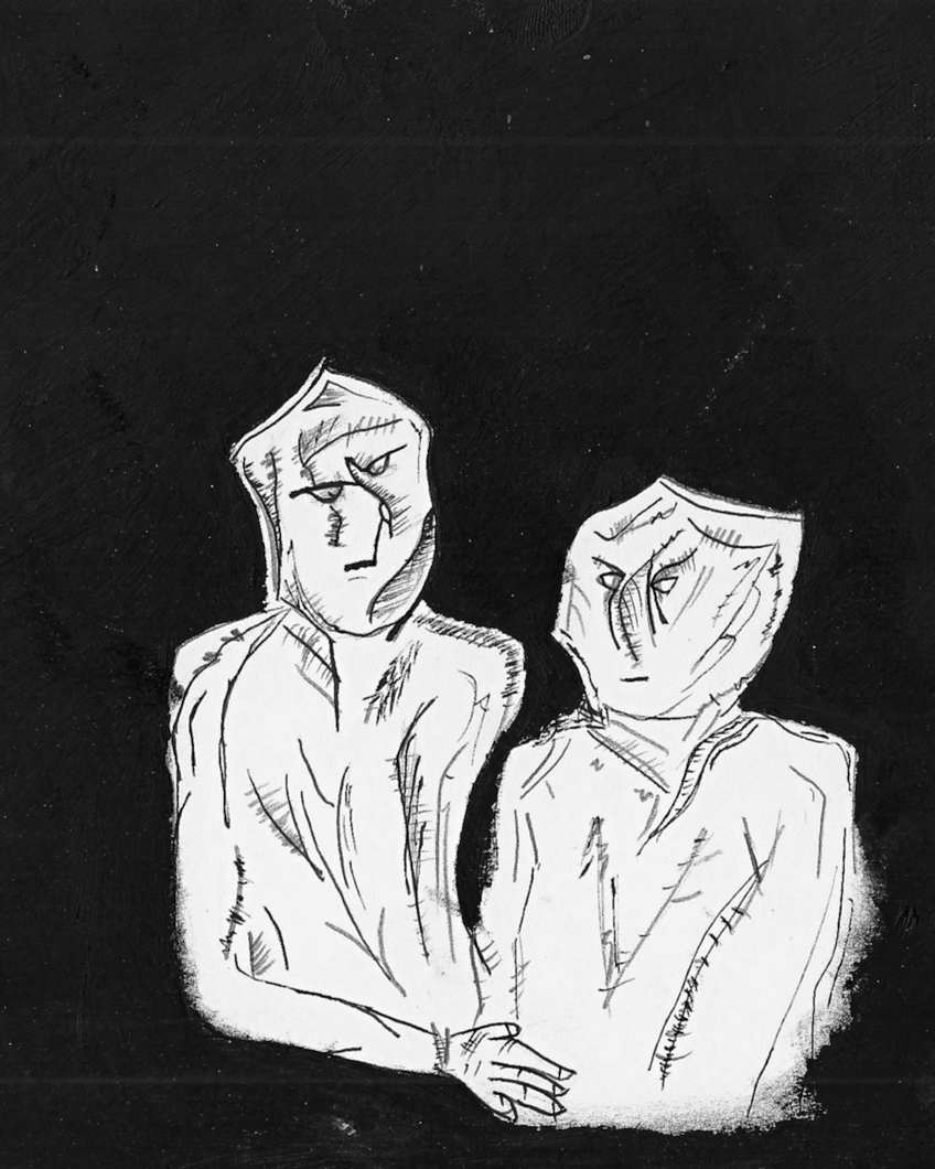 portrait of a couple after Cuevas, oil, graphite, and pen on paper, 2018