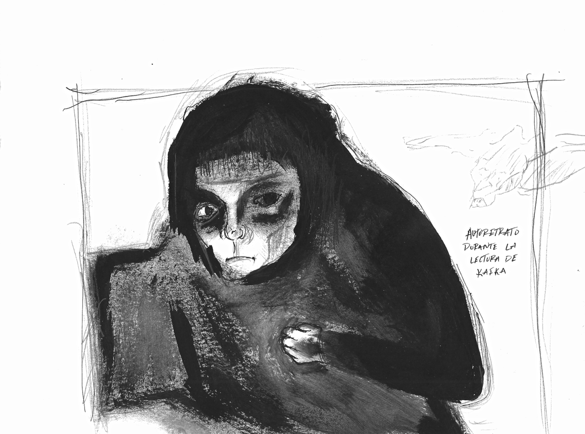 emulation of José Luis Cuevas' autoretrato durante la lectura de Kafka, ink, pen, and graphite on paper, 2017
