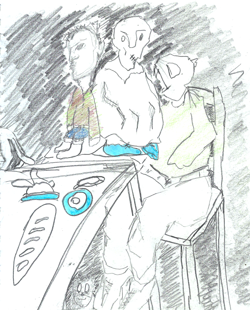 3 am at the dinner table, graphite, color pencil, and highlighter on paper, 2018