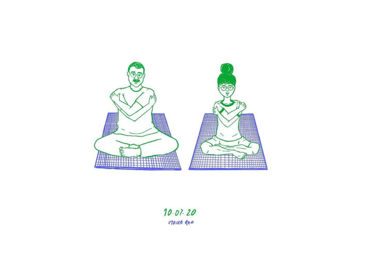 Bapu and I signed up for a 21 day online yoga program together. And it’s been fun. Forgot how sarcastic and funny he can be. We were obviously the back benchers in class refusing to do all the “fun” group activities haha. This is an illustration of one such thing. We were asked to give ourselves a nice hug and scream “I love you (your name)”. Since we both are awkward at such things we did half the job(just hug ourselves and stare into the camera awkwardly) hahaha 😆