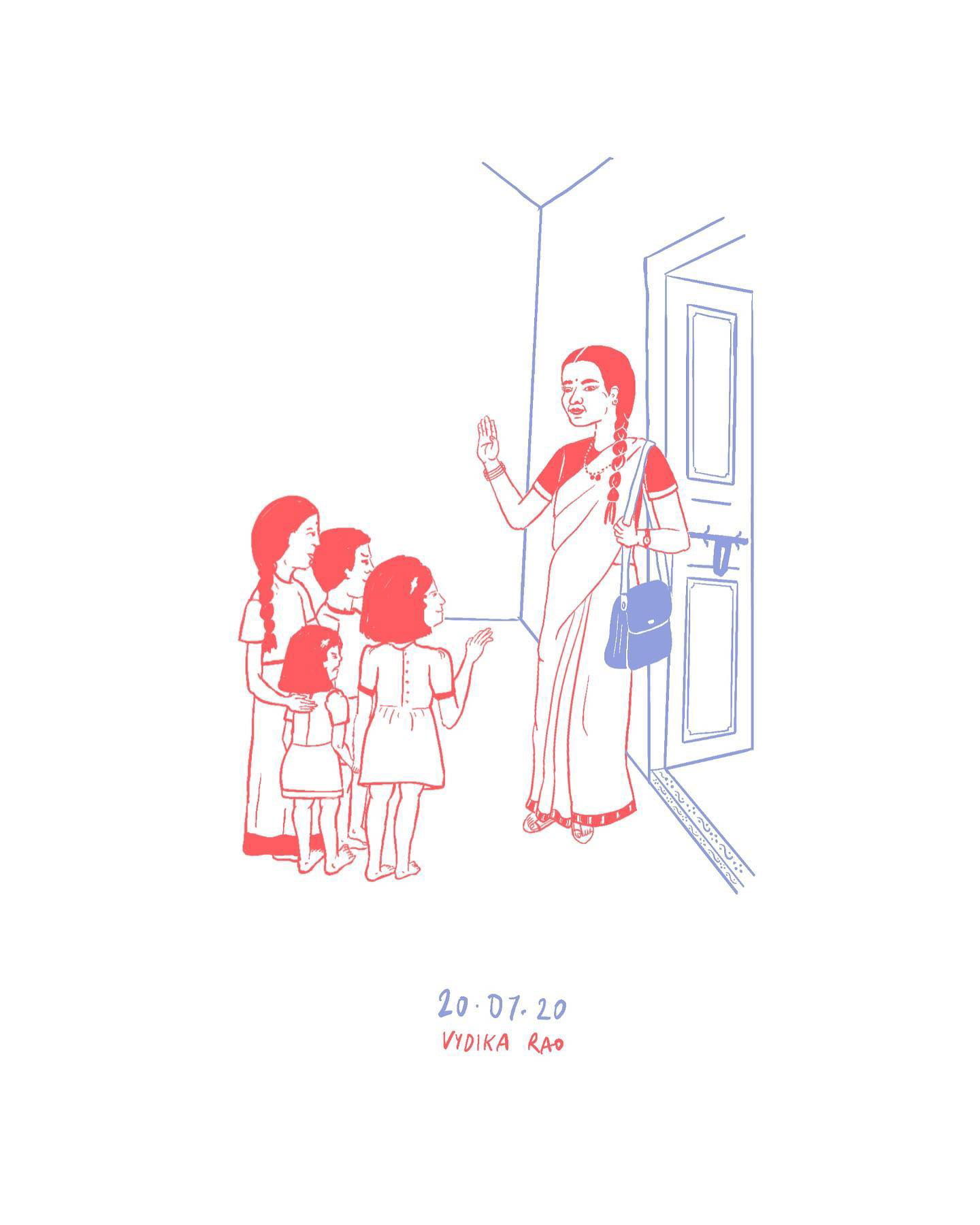 Generational differences series Illustration #2:  This is my Ammamma(maternal grandmother). She was pressurised into getting married at the age of 17 because her grandfather wanted to see her get married before he was going to die(based on horoscope). She had 4 children by the time she was 23. She tried to pursue her studies at the age of 28. This is an illustration of her saying bye to her kids while she was leaving to give her matriculation exams in Aligarh university. Eventually she managed to complete her degree in arts.  Fyi, her grandfather was alive not just to see her get married but to see a few of her grandchildren too.