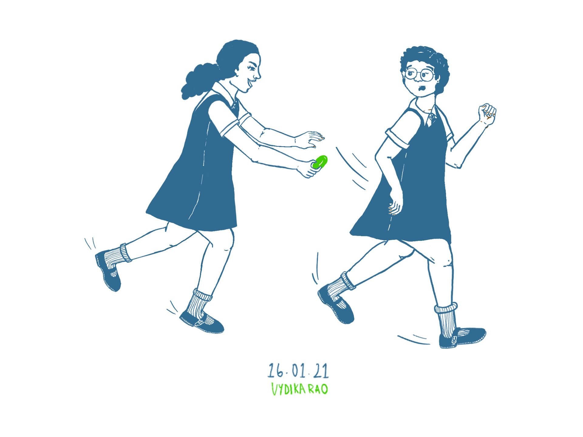 9th grade l Nasr school  Heard of people who have a fear of fruits or all things that smell like fruit? I recently learnt that there are quite a few people who fear fruits so I looked it up and it has a name- fructophobia.  Amma would feed me a quarter of a grape when I was an infant and I’d throw up instantly. This continued through the rest of my life.  This is an illustration of my friend Natasha chasing me in school with a tiny piece of grape knowing that I was terrified of fruits 😒  Btw, this phobia has been handed down to me by Ammamma(my maternal grandmother).