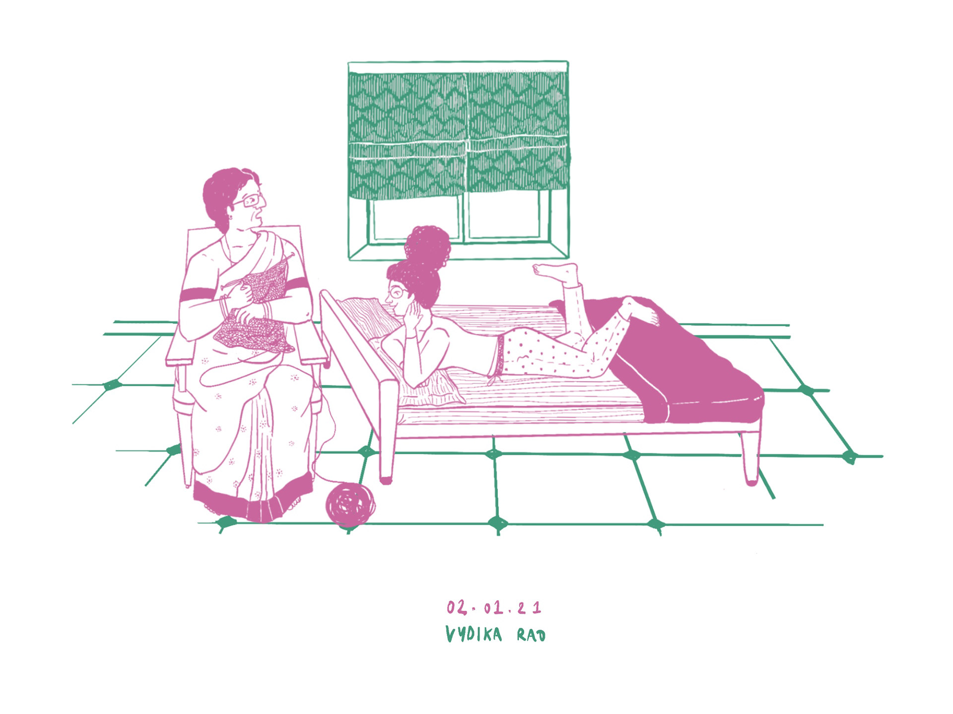 Nainamma aka OG:Original Grumpudding and I have a very special relationship. She loves to talk about 2 very inevitable things: The digestive system(particularly bowel movements) and death.  I believe she hates everyone but loves me because she believes I am a reincarnation of her mother(who passed away 3 days after I was born). Either way, it works out for me cos i call her my child and get away with a lot.  This illustration is from when she was knitting a sweater for my unborn child. She asked me when I am planning to have kids and told me she wants to see me have a baby before she dies. So I told her she'd have to die and be reborn as a baby 😛 to see that happen  Guess who is suddenly okay with me not having babies 😎  Note: zoom in for an enhanced experience of our expressions