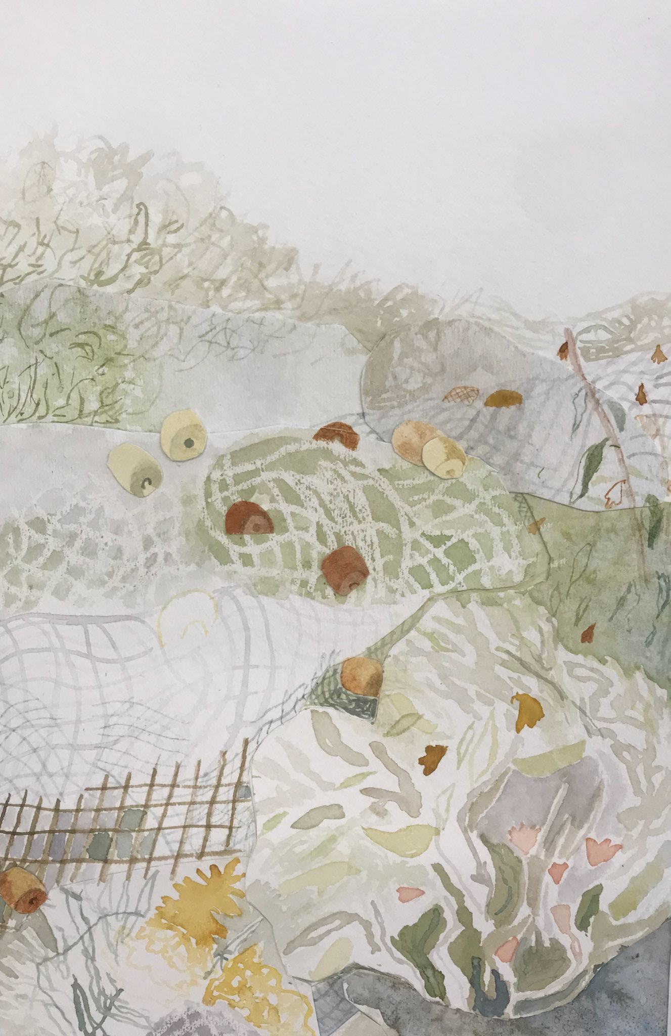 Fish House Yard, Collaged Watercolor, 6"x10", 2019