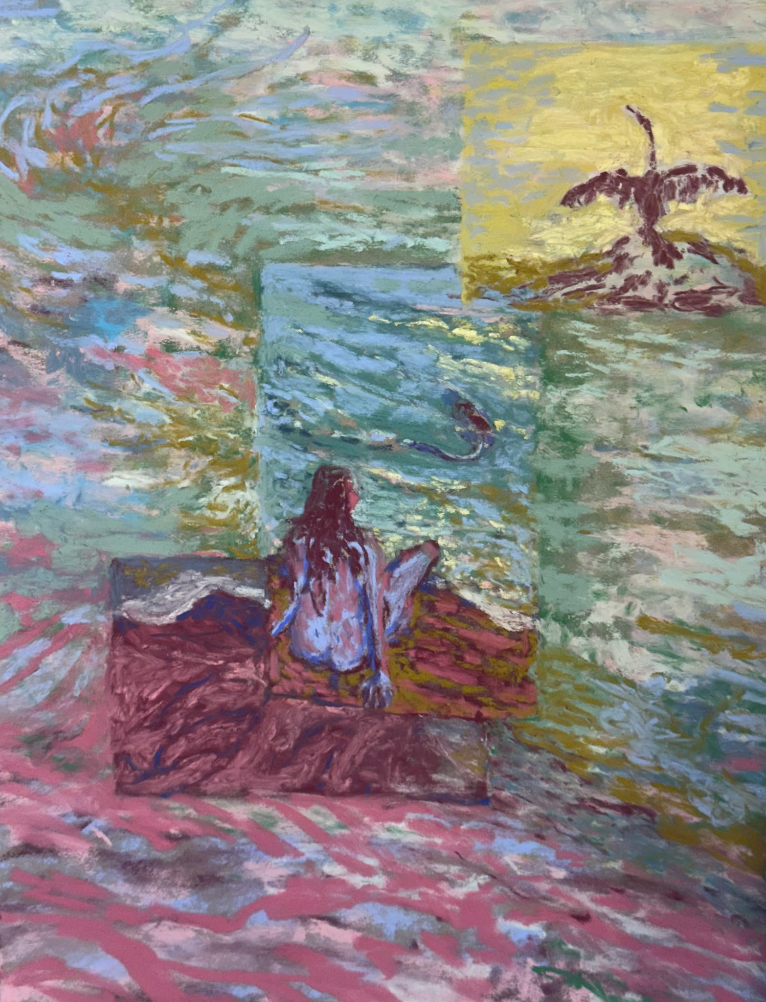 cormorant watching, pastel on sandpaper, 14x18", 2024