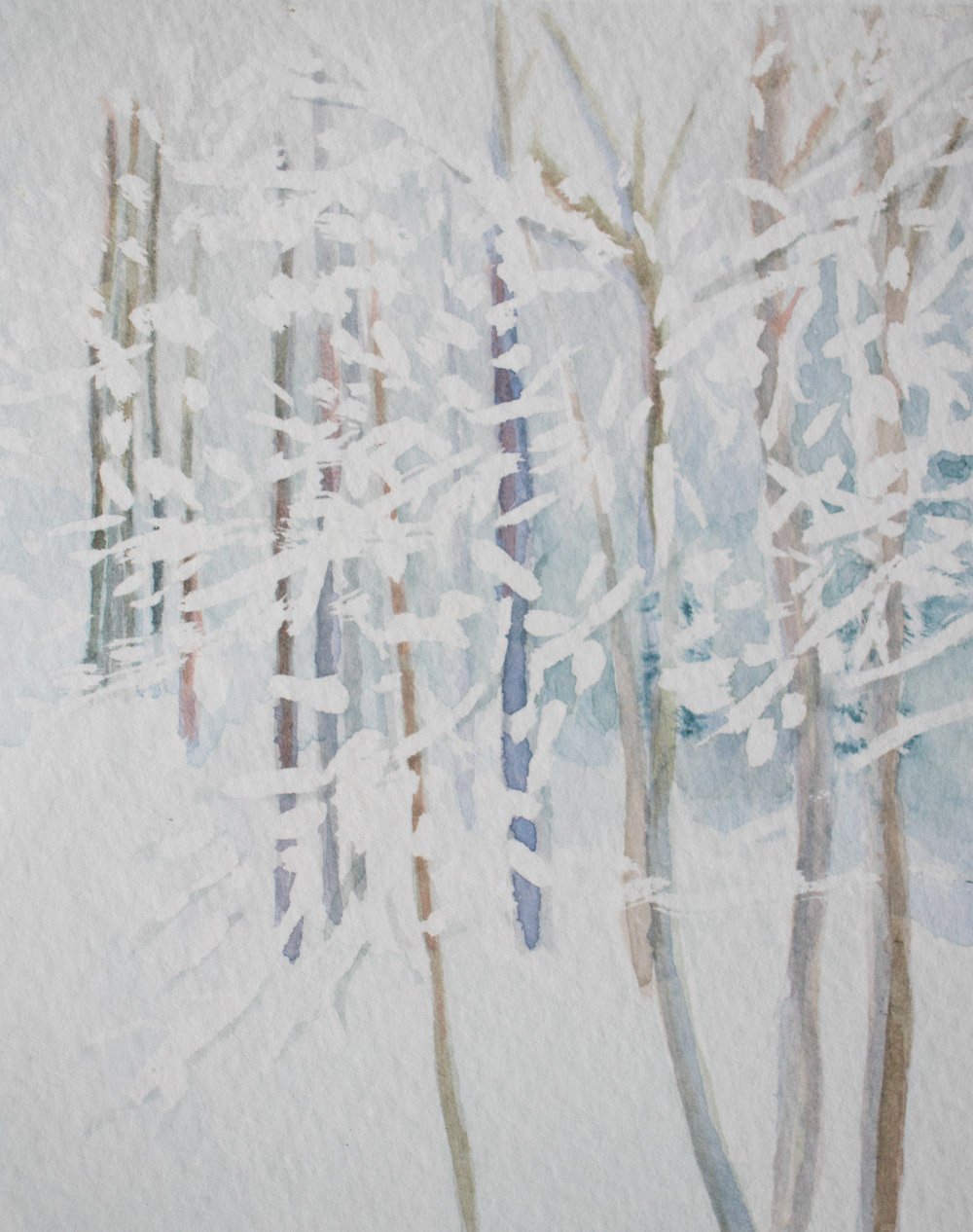 White Out, Veiled Aspens, Watercolor on Paper, 6"x8", 2021