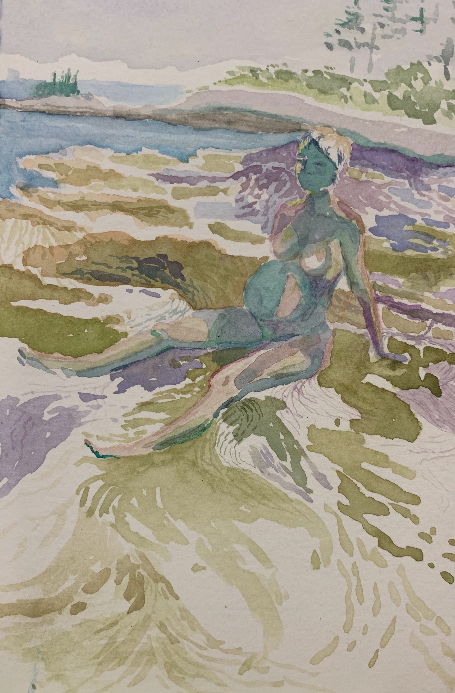 Reilly With Indigo On The Bluffs, Watercolor on Archival Paper, Summer, 2022