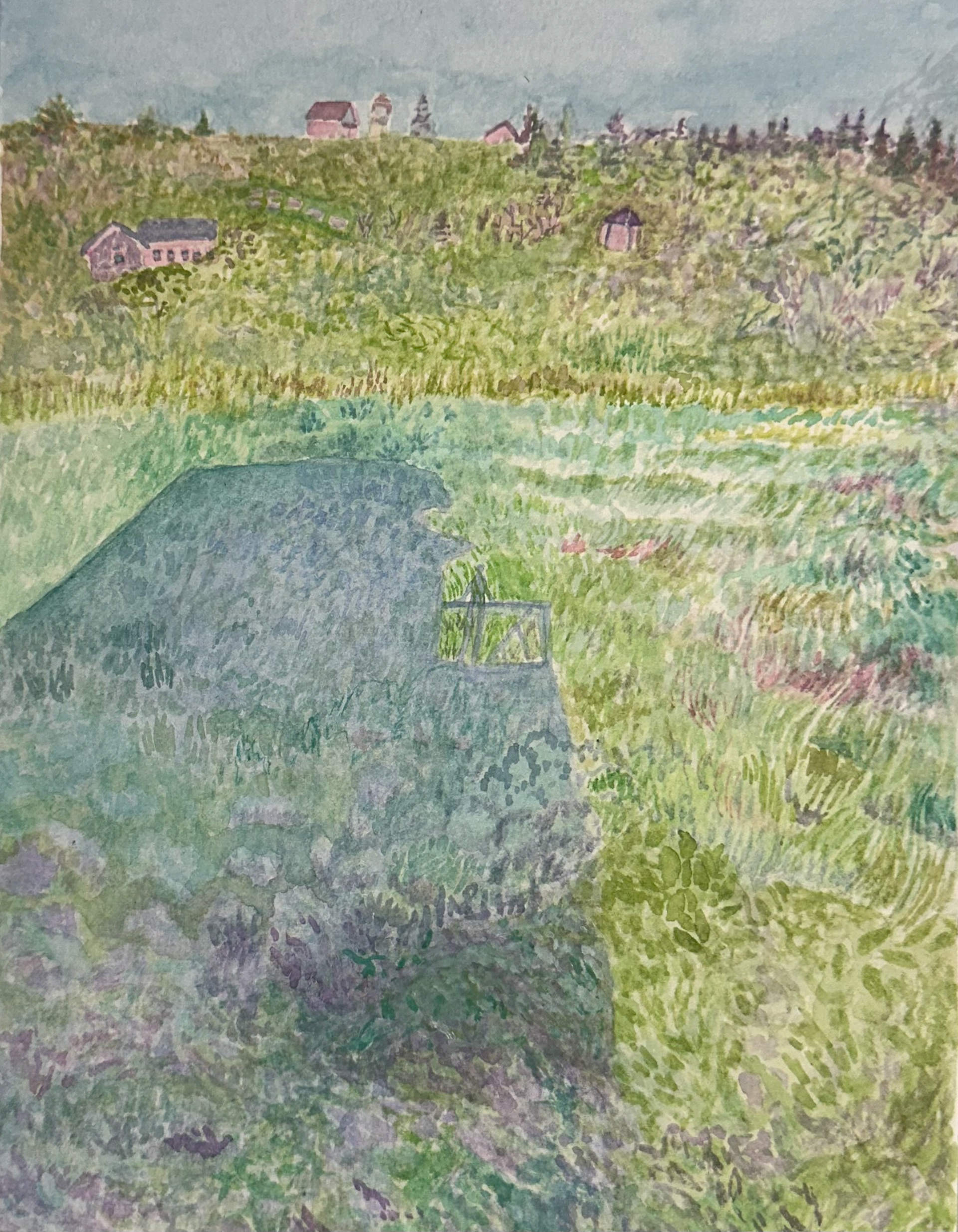 Vantage point from a makers cottage, Monhegan Island, Watercolor on paper, 2024