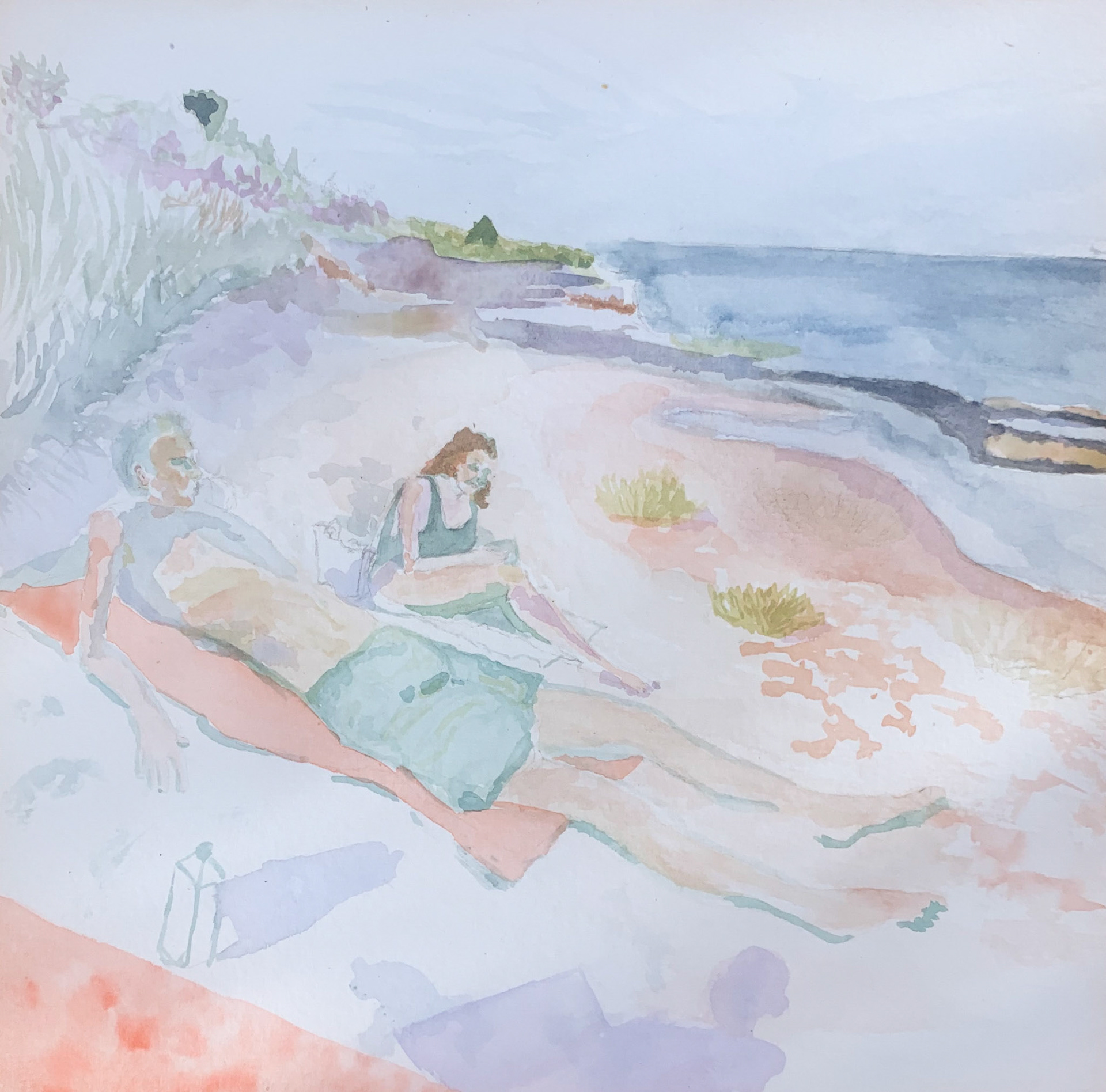Evelyn And Ben, Scarborough Bathers, Watercolor on Paper, 8"x8", 2020