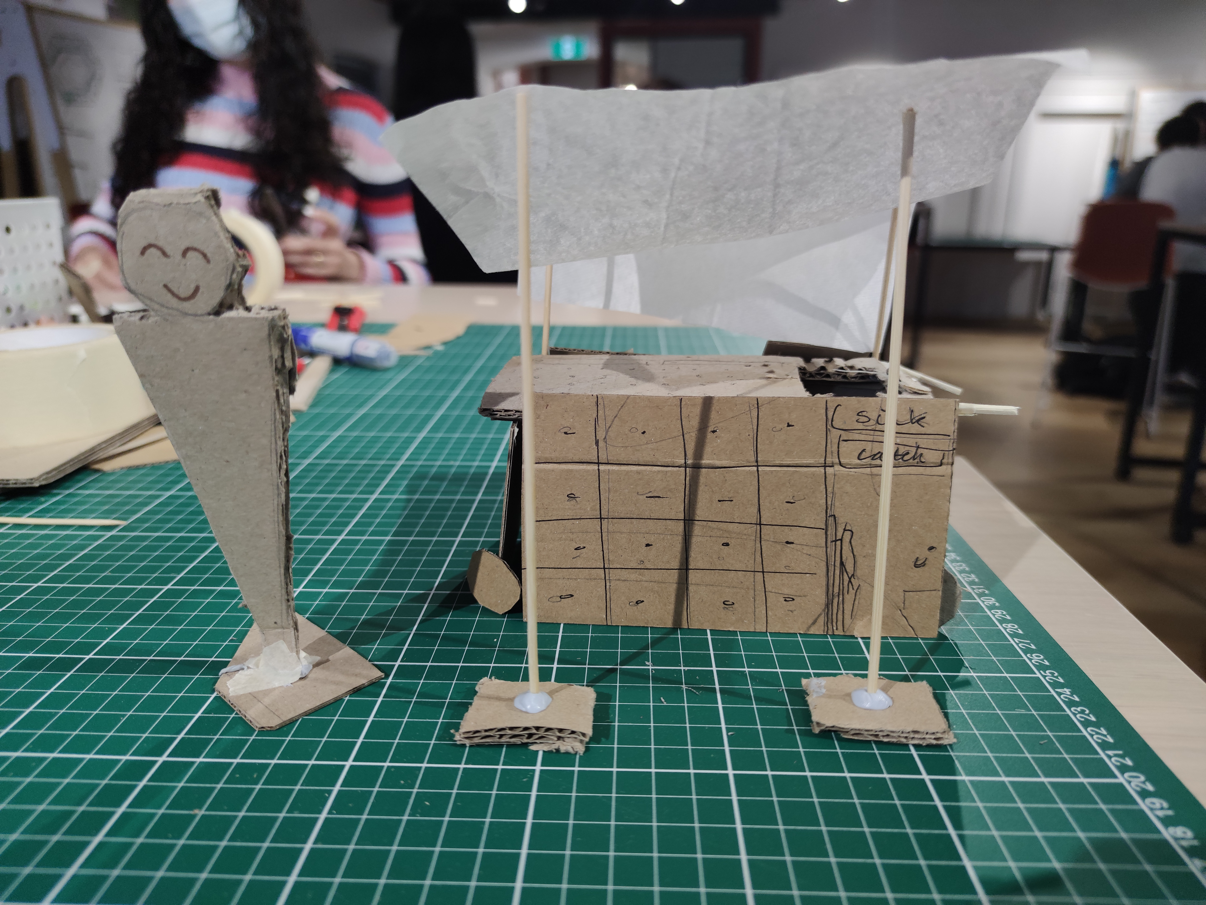Quick Prototyping Techniques showing alternative drawer and shelving layout. Made with cardboard, tape, toothpicks and paper materials. Human-scale applied.