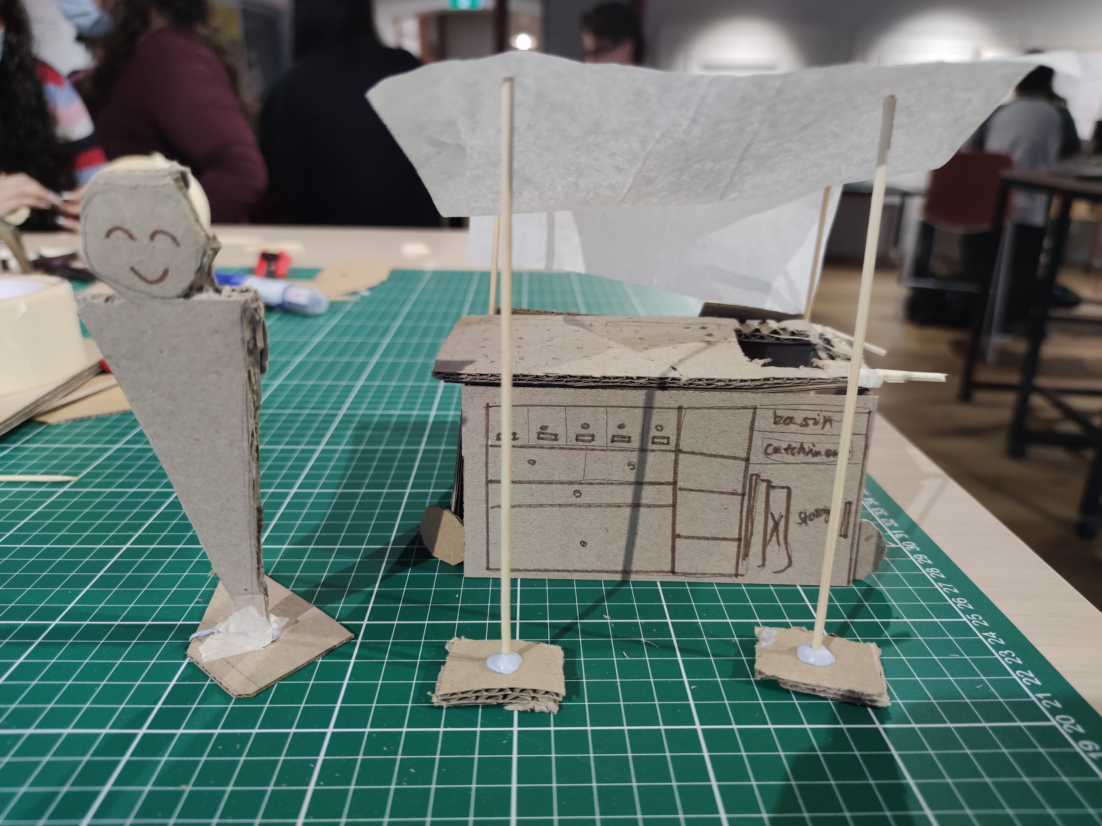 Quick Prototyping Techniques showing alternative drawer and shelving layout. Made with cardboard, tape, toothpicks and paper materials. Human-scale applied.