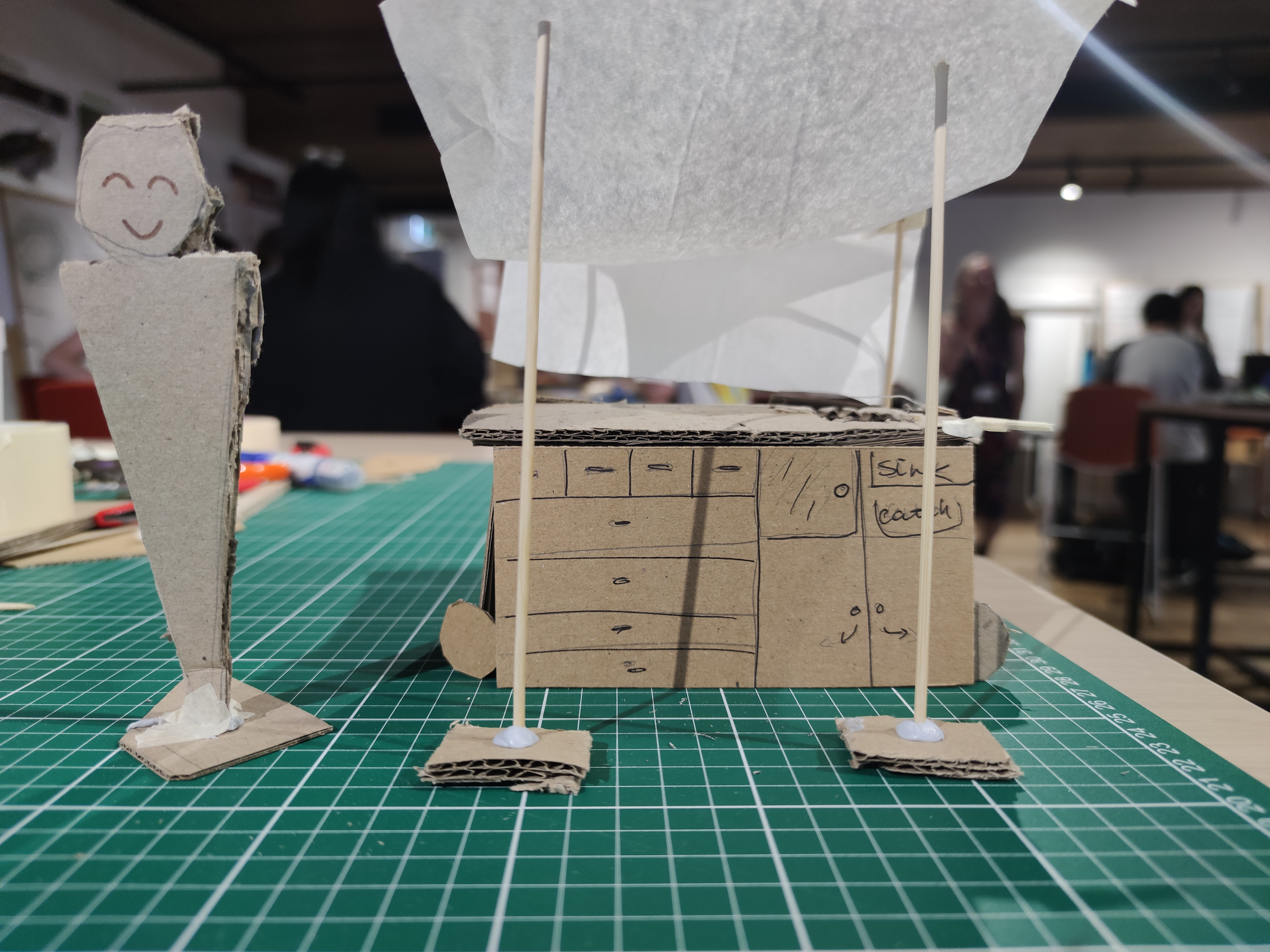 Quick Prototyping Techniques showing alternative drawer and shelving layout. Made with cardboard, tape, toothpicks and paper materials. Human-scale applied.
