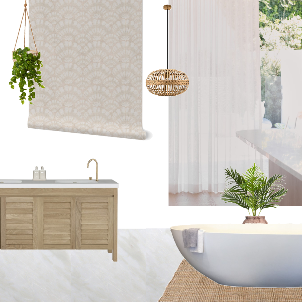 Coastal Calm Wallpaper in a bathroom setting featuring natural tones and a calming design, perfect for a serene atmosphere.
