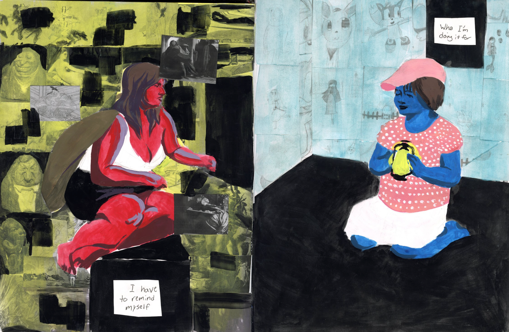 Figure Observed, Acrylic and recycled paper on sketch paper, 9" x 12", 2nd semester, final project