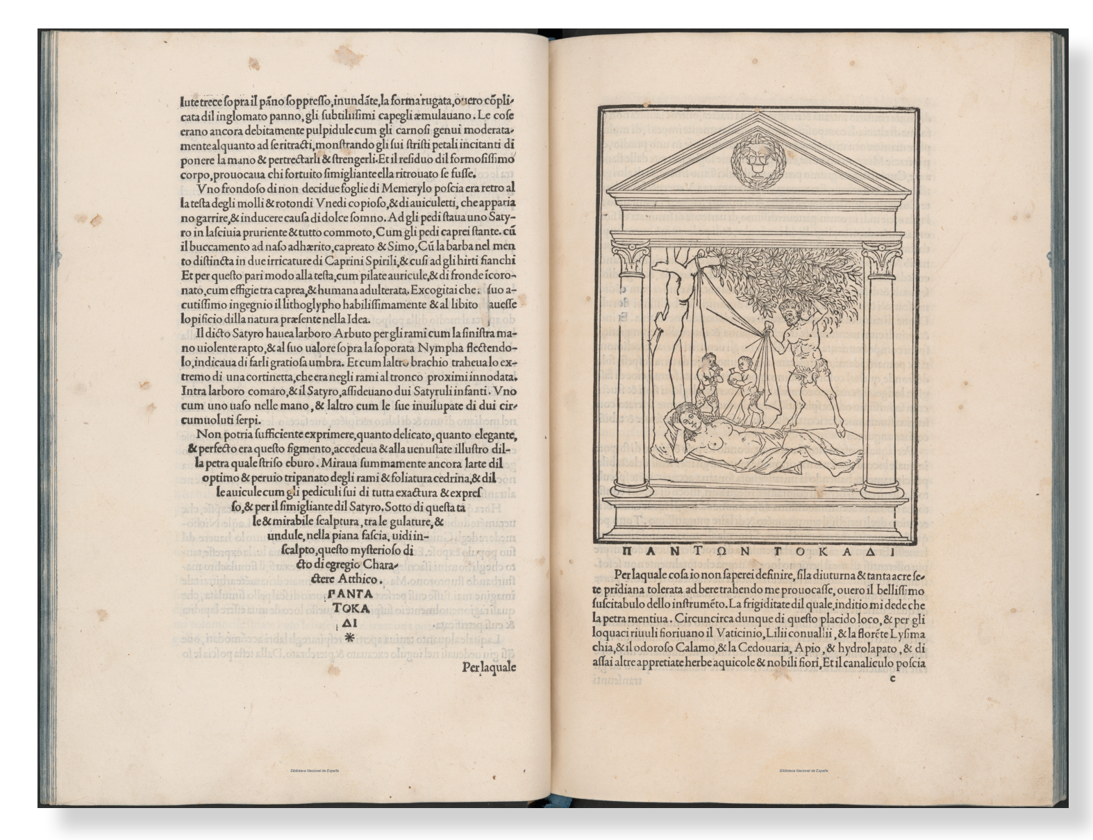 HYPEROTOMACCHIA POLIPHILI o SUEÑO DE POLÍFILO, Francesco Colonna. Publicada en Venecia por Aldo Manuzio en 1499. Biblioteca Nacional de España.