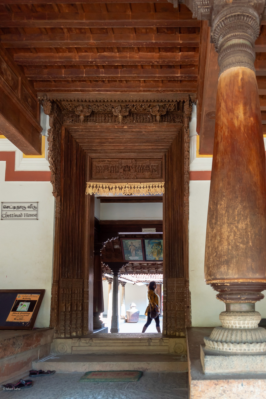 Entrance door of a Chettinad House. Note the intricate woodwork.
