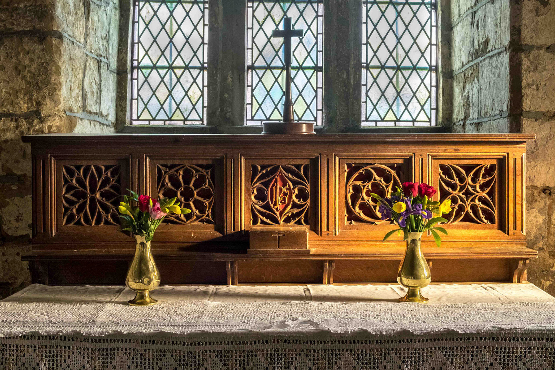 Altar and Flowers - St Peters Church Dalby North Yorkshire UK 2018