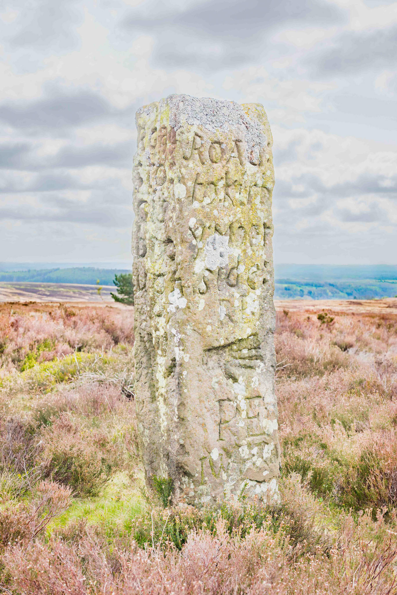 Blakey Ridge Guide Stone showing Road To Kirbymoorside and Road To Gisbrough sides - North Yok Moors UK 2024