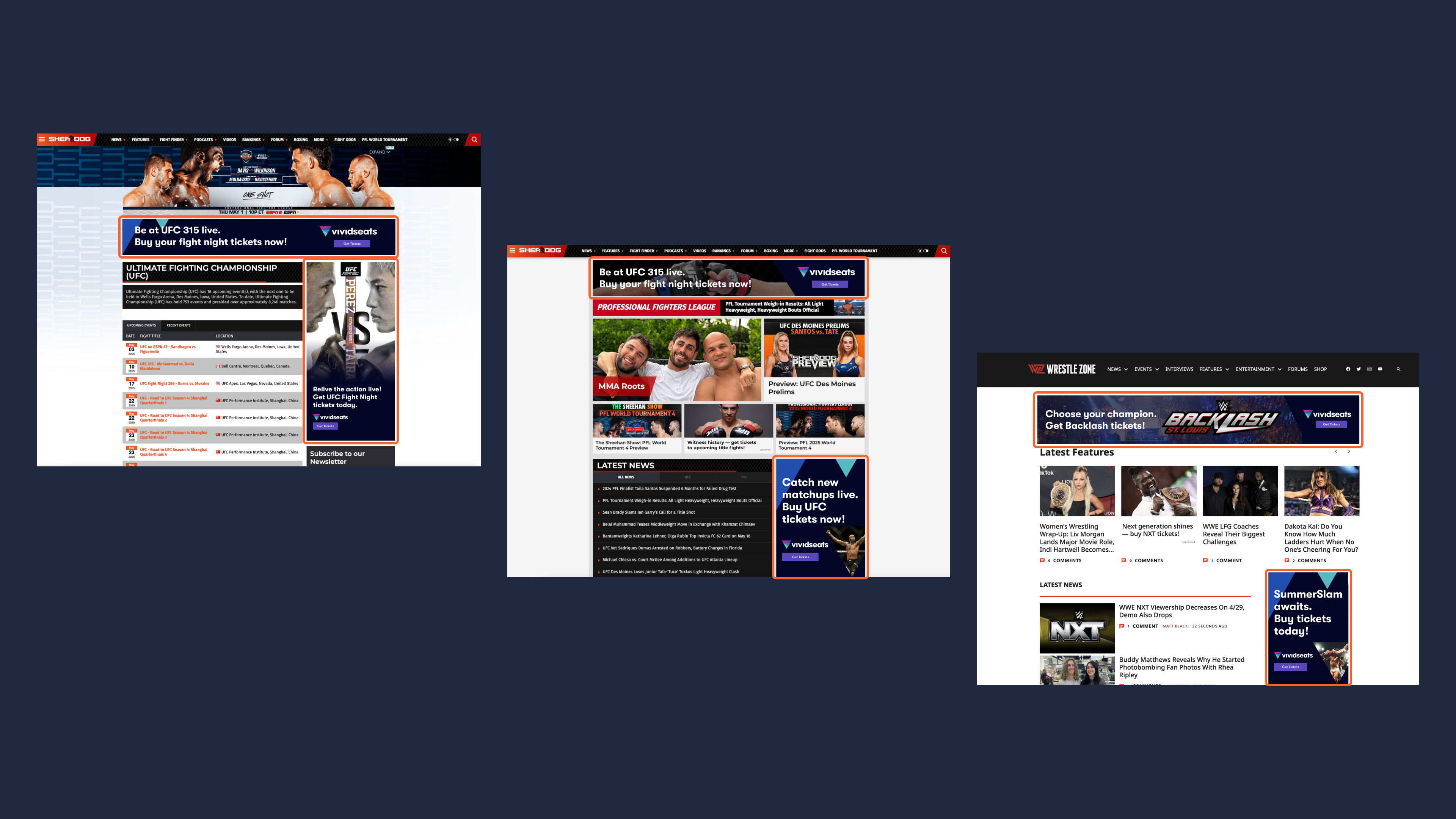 Vivid Seats display ad mocks on Sherdog and Wrestle Zone