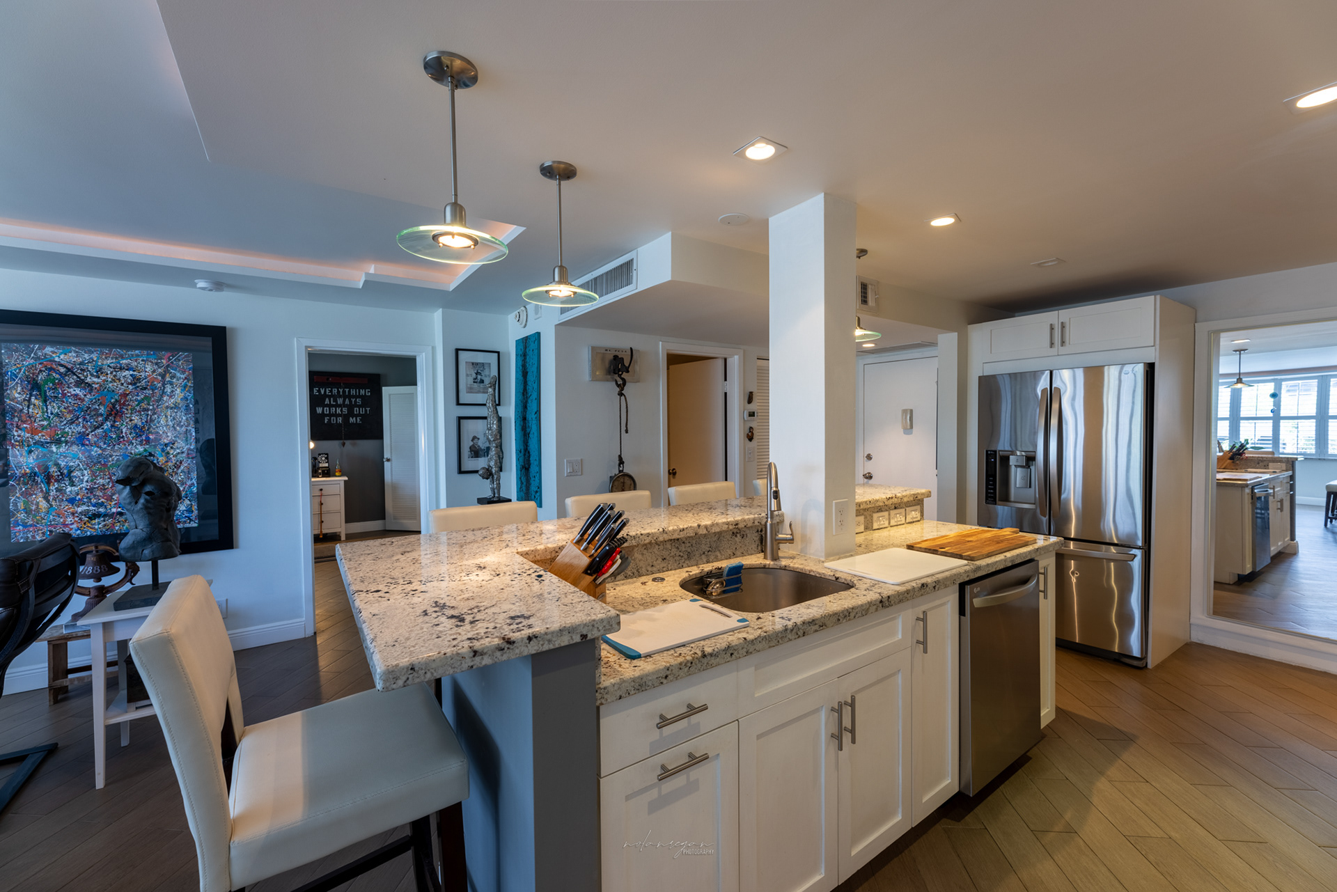 Kitchen island facing bedroom