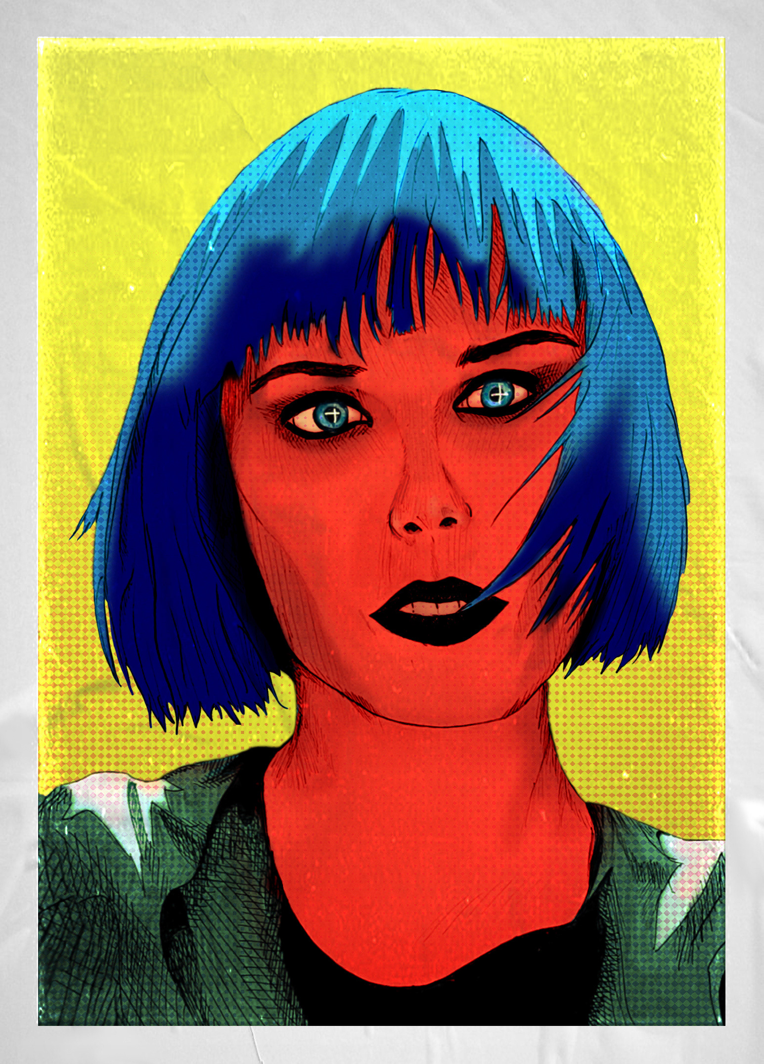 Alice Glass, This piece, a combination of both physical mediums and digital, showcases singer/songwriter Alice Glass, popularized by her role in the pivotal electronic band Crystal Castles. It seeks to dazzle with strange colors and a bold sense of form. Alice's expression is solemn and piercing, reflecting the viewer's contemplative gaze.