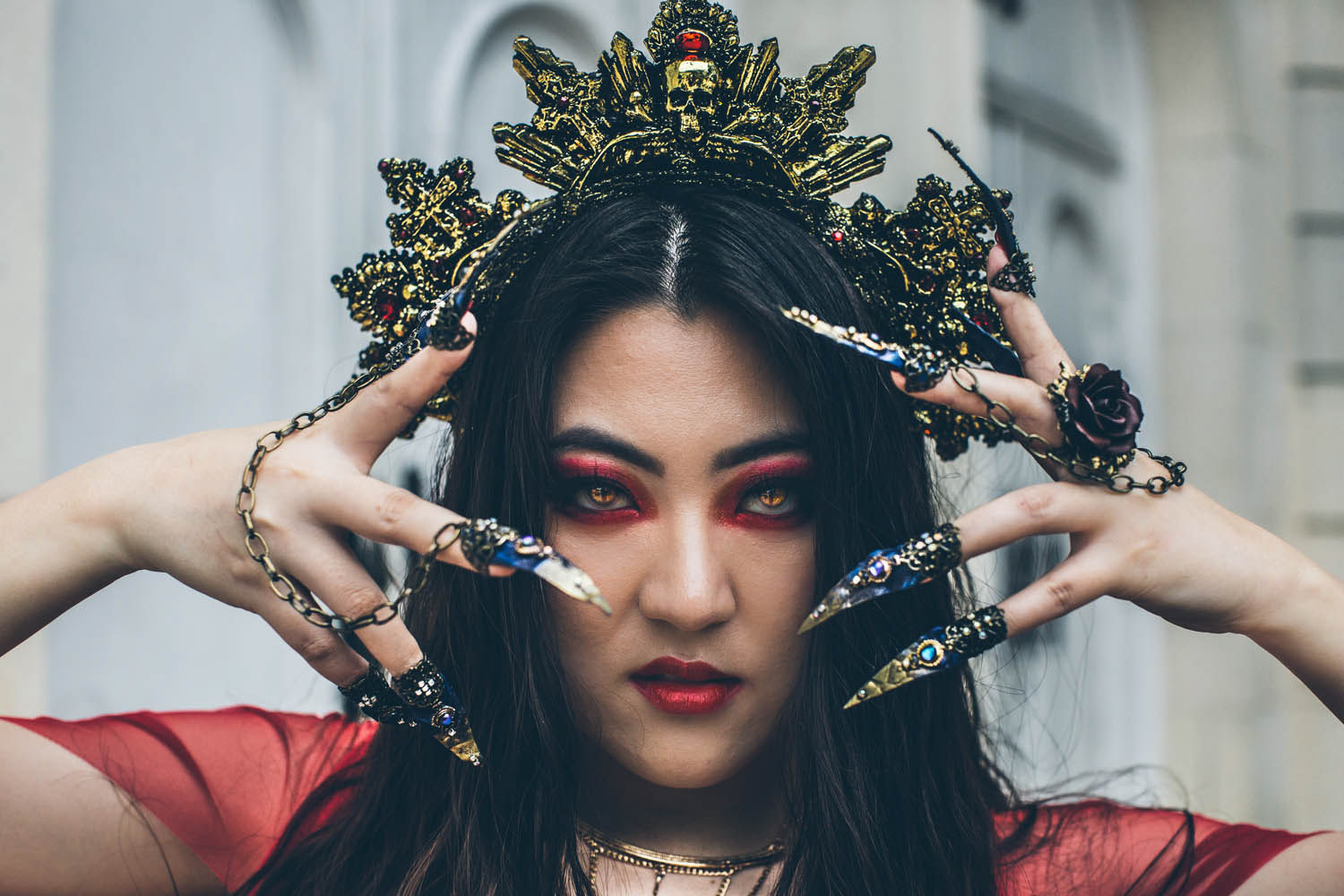 Photography: Nova Garza; Makeup: Bethany Renfro; Model: Haemy Chung; Headdress: Hysteria Machine; Jewelry: Necrosarium