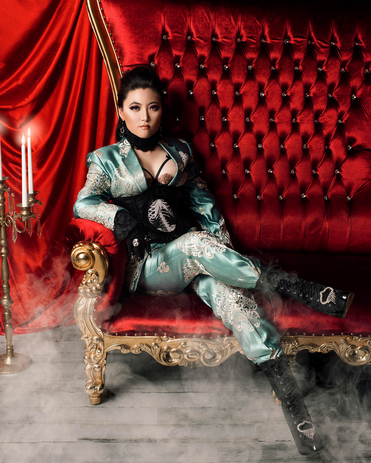 Photography/Styling/Set Design/Makeup/Hair: Obsidian and Blush; Suit: Mysterious by NPN; Model: Haemy Chung; Corset: Louise Black
