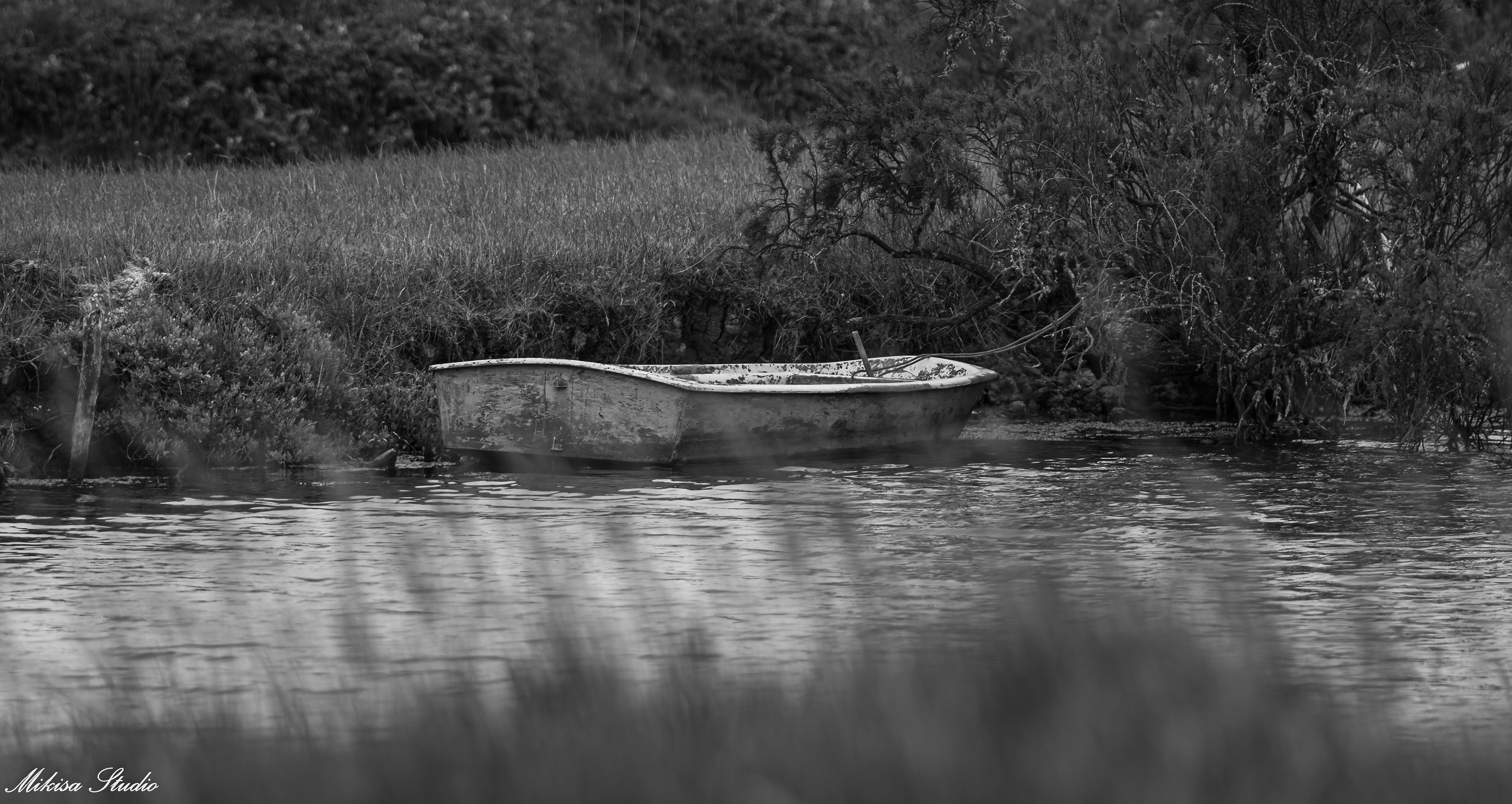 Barques de pêcheurs sur le Lac de Grand Lieu, port de Passay, Loire-Atlantique, photo noir et blanc 59