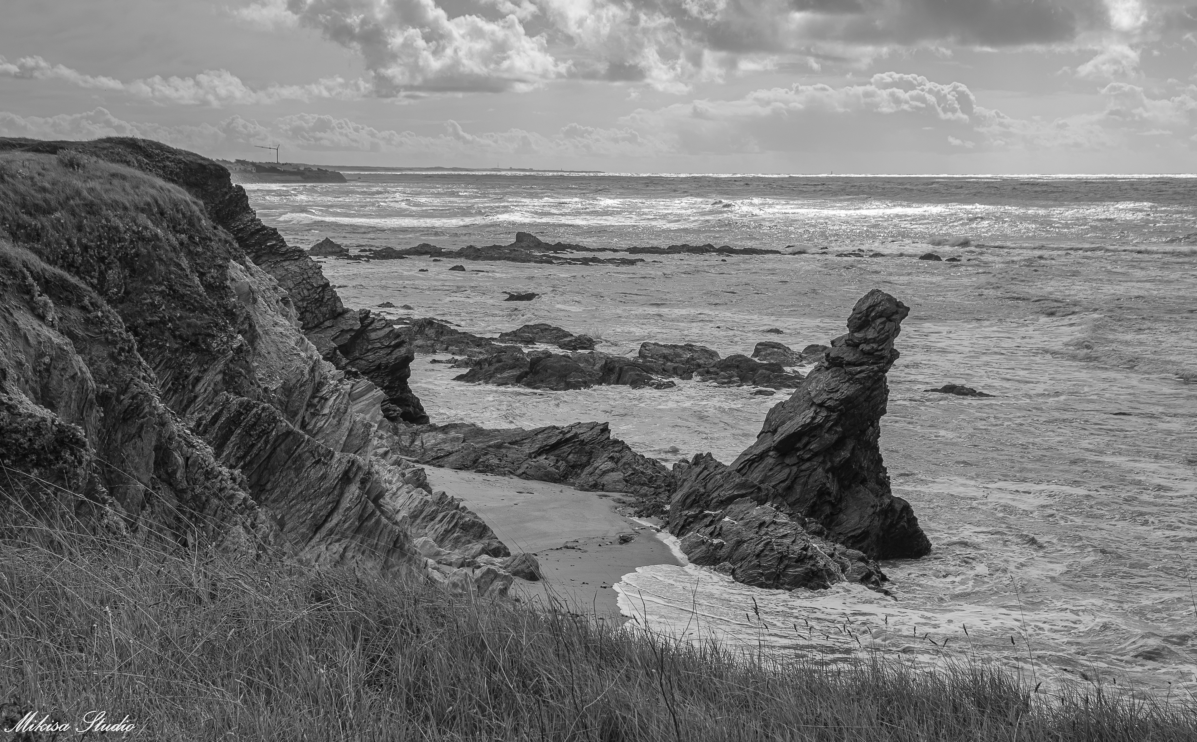 Rocher Sainte Véronique, monolithe naturel, sur la crique de la Corque à Brétignolles Sur Mer, photo noir et blanc 74