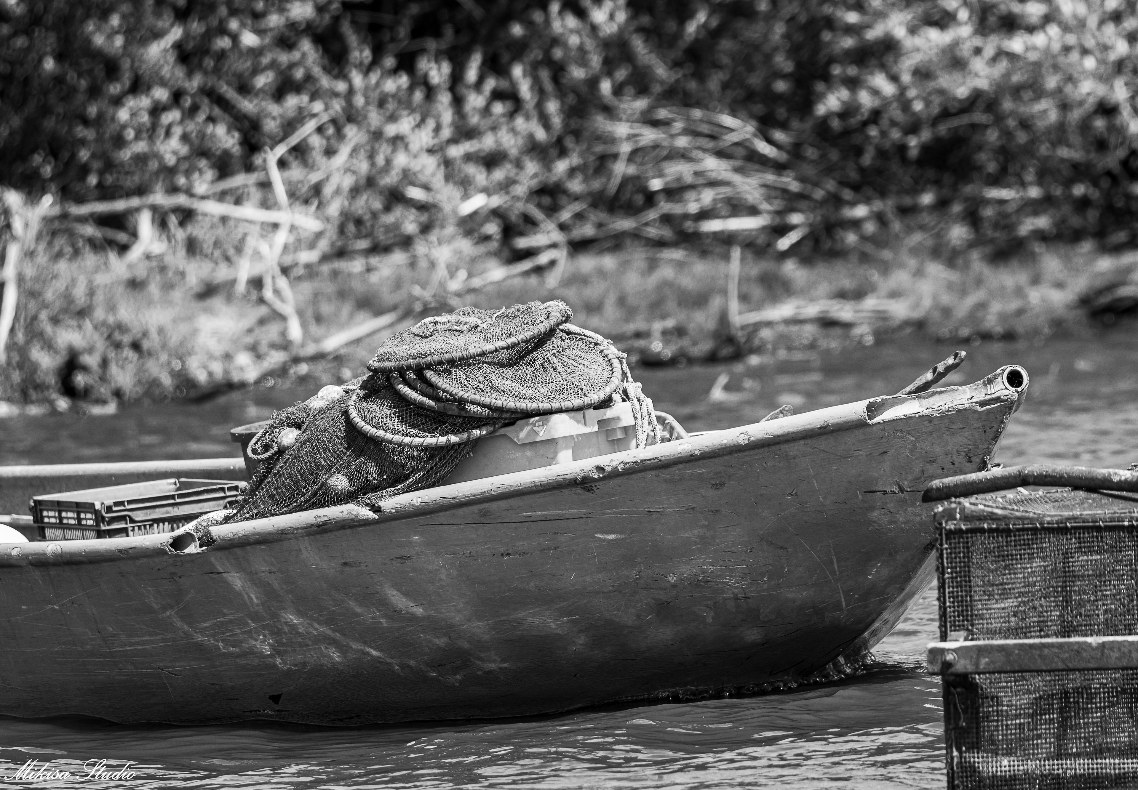 Barque de pêcheur sur le Lac de Grand Lieu, port de Passay, Loire-Atlantique, photo noir et blanc 54