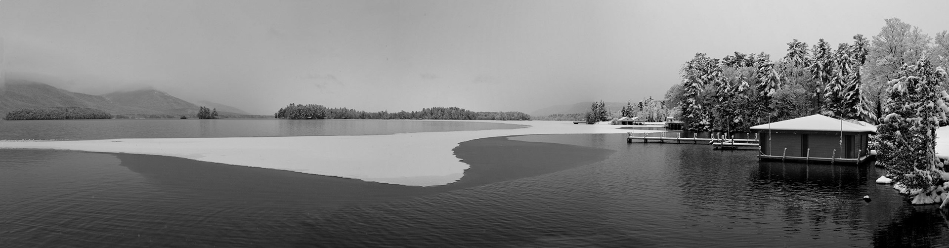 Boathouse and Lake in Winter
