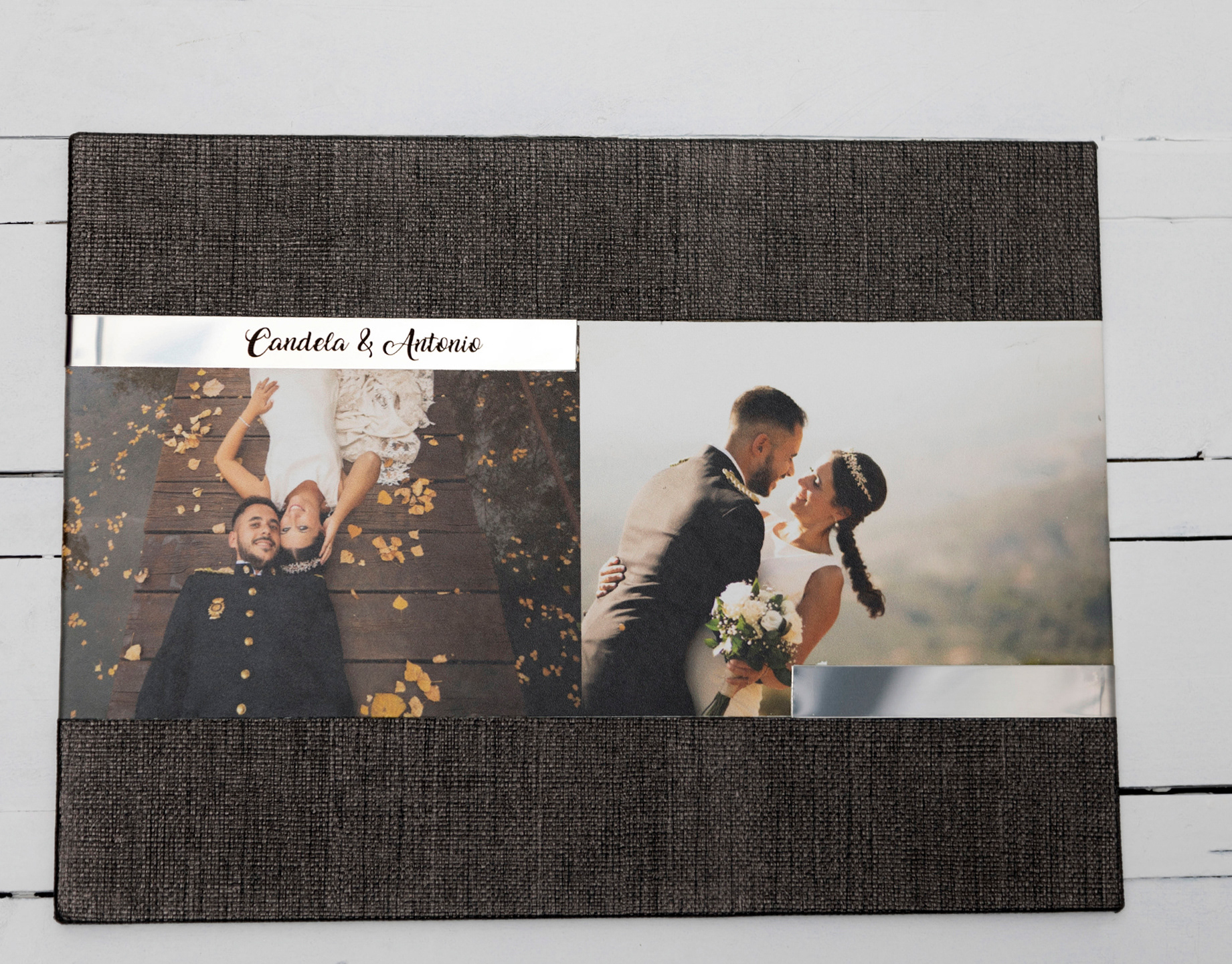 MODELO EITAN S,R.   SE PRESENTA TRASERA Y LOMO CUADROS PLATA VIEJA -PORTADA POLIPIEL CUADROS PLATA VIEJA .EN EL CENTRO FOTOGRAFIA 45X16CON CHAPA DE ALUMINIO GRABADA