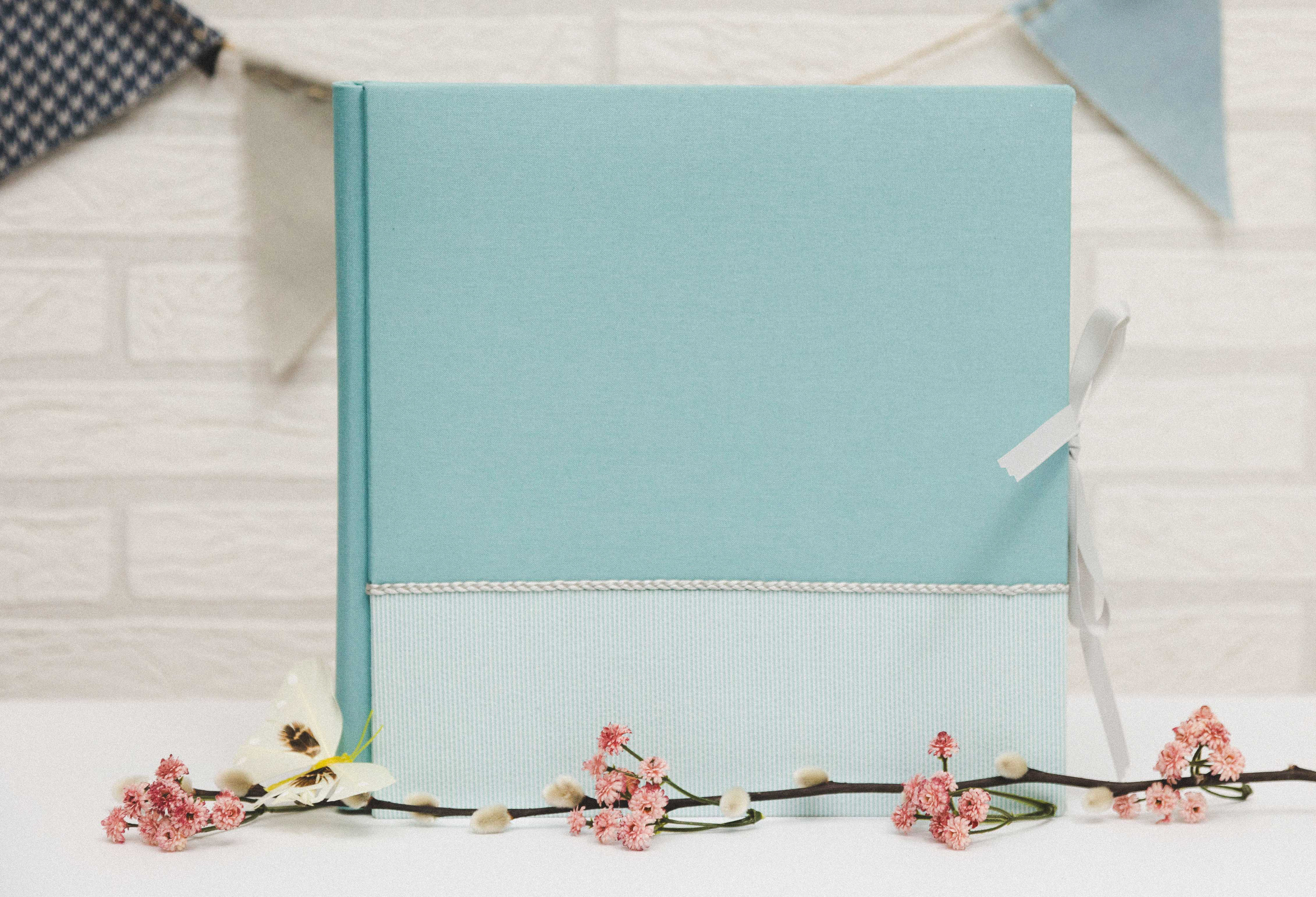 MODELO AB    112--- MATERIALES VERDE AGUA  PARTE INFERIOR  LINOS RAYITAS VERDE CON TRENCILLA EN LA JUNTA Y LAZO CIERRE ALBUM