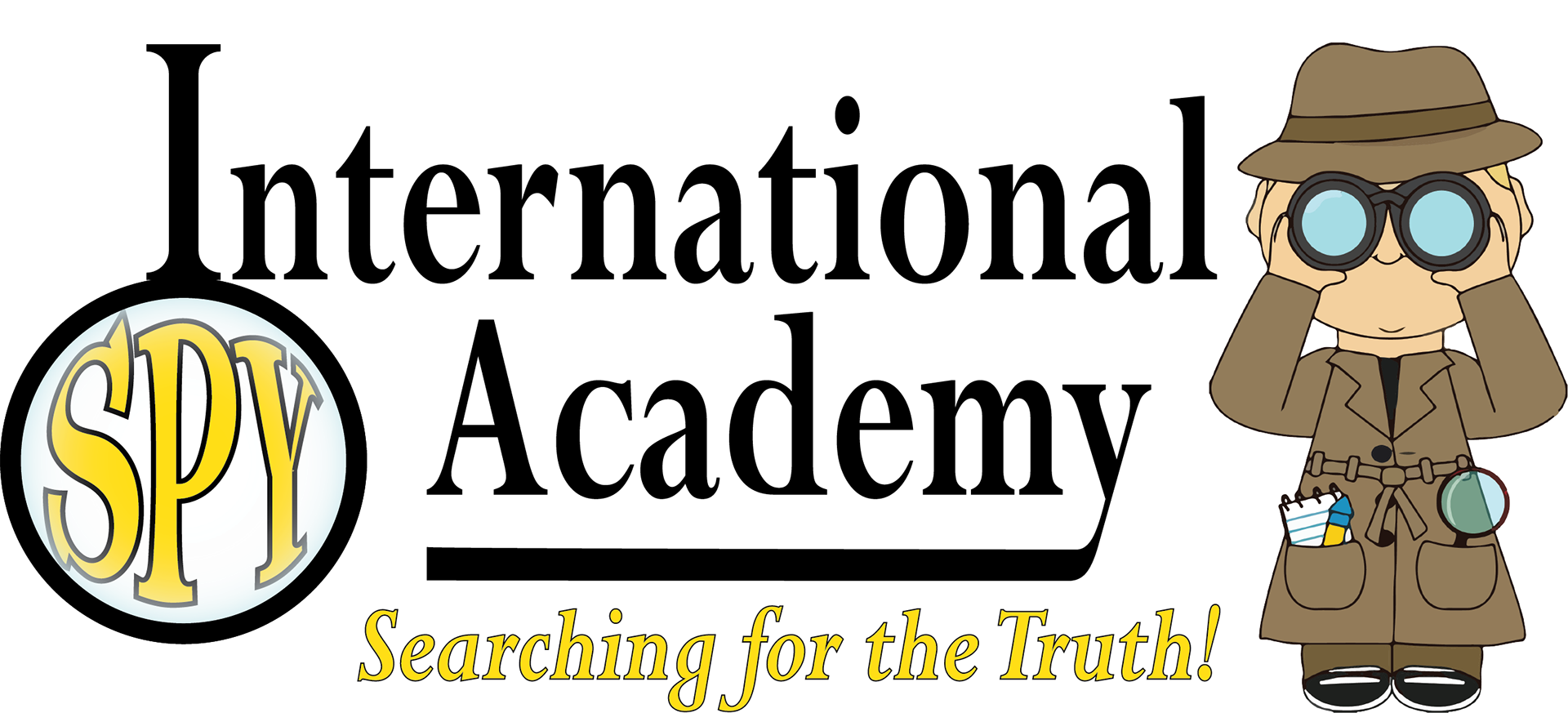 vacation Bible school international spy academy text graphic, cartoon detective holding binoculars to his eyes