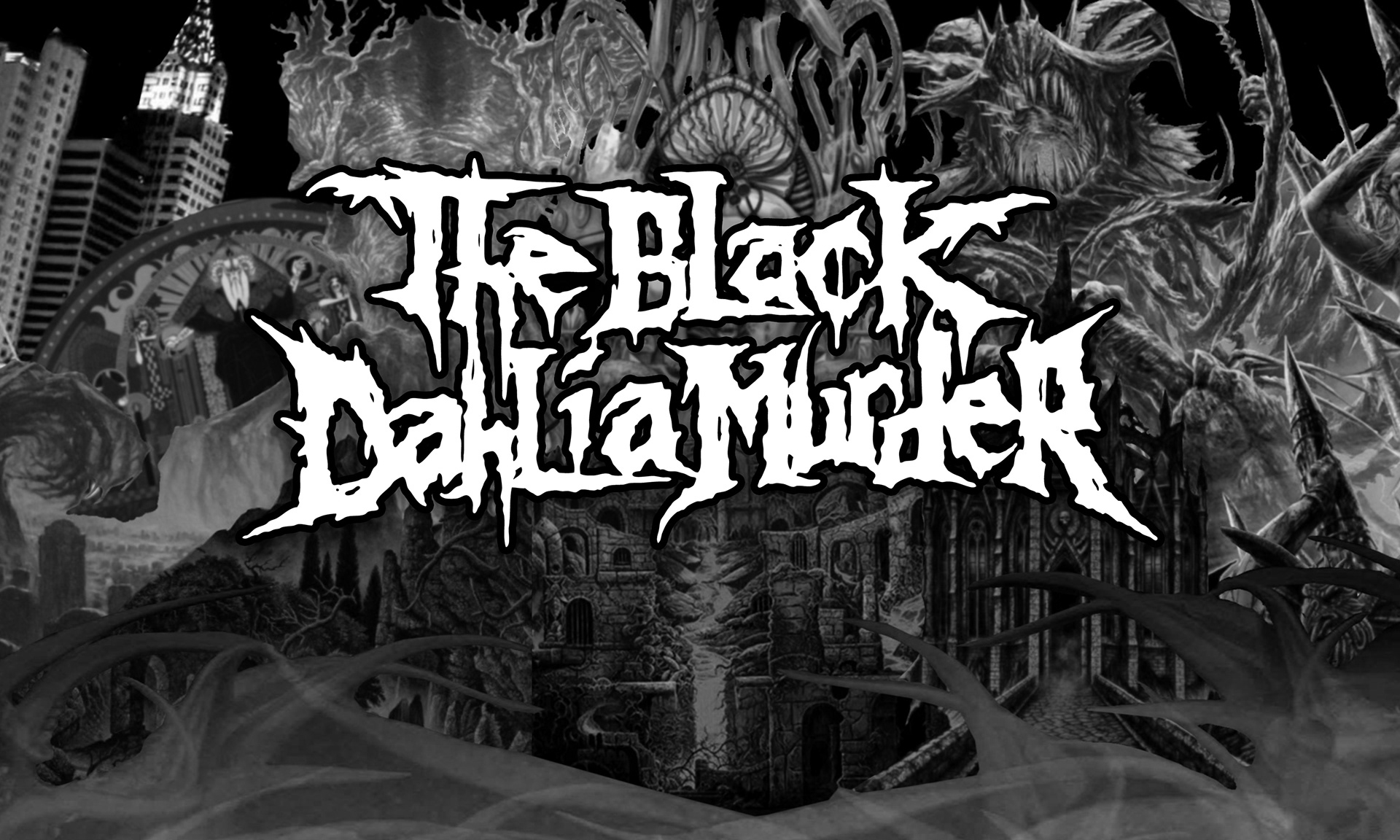 Stage banner for The Black Dahlia Murder's 2023 Verminous Remnant tour. digital collage of the all 10 albums at the time
