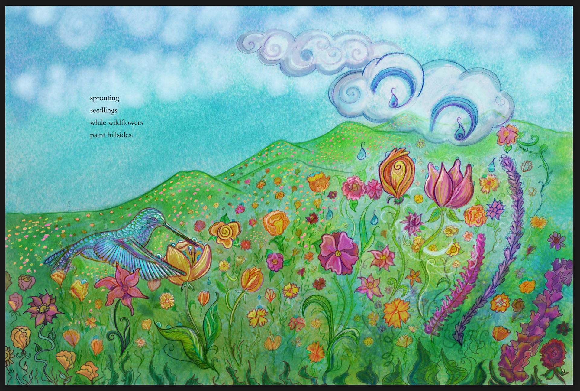 Page Spread for "River in the Sky" Colored Pencil & Digital Coloring/ Painting