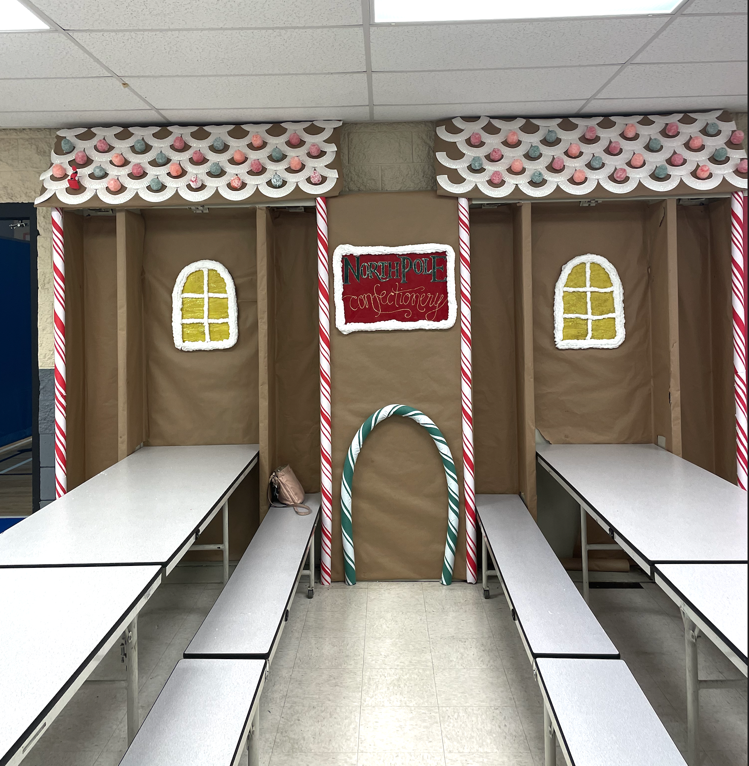 2021 Lincoln Academy Pleasant Grove UT.  Had fun being creative to make a life-size gingerbread house. Client wanted to make the lunchroom a little brighter for the students during the holiday season.